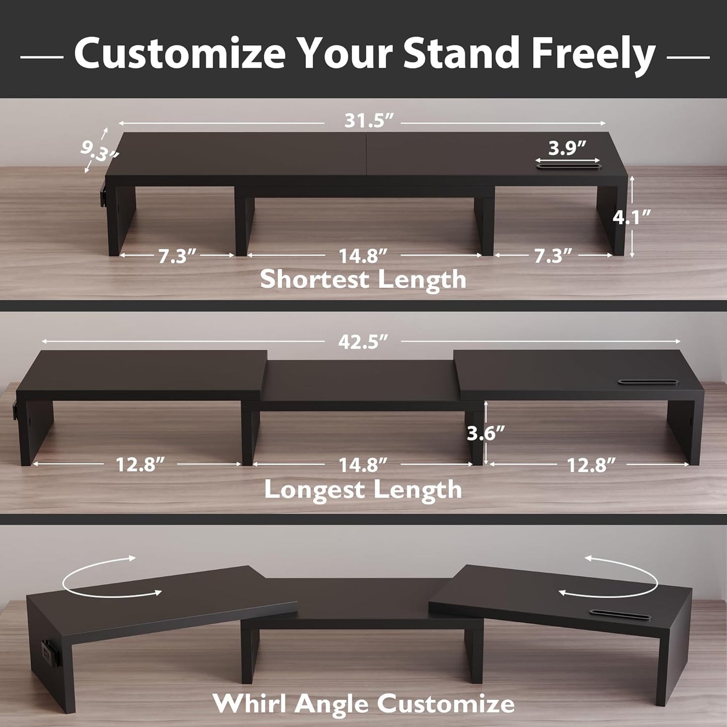 BONTEC Dual Monitor Stand Riser with Smartphone Holder, Adjustable Length & Swivel Angle, Ergonomic Wooden Desktop Organizer for PC Monitor, Laptop, Printer, Large Storage, Black