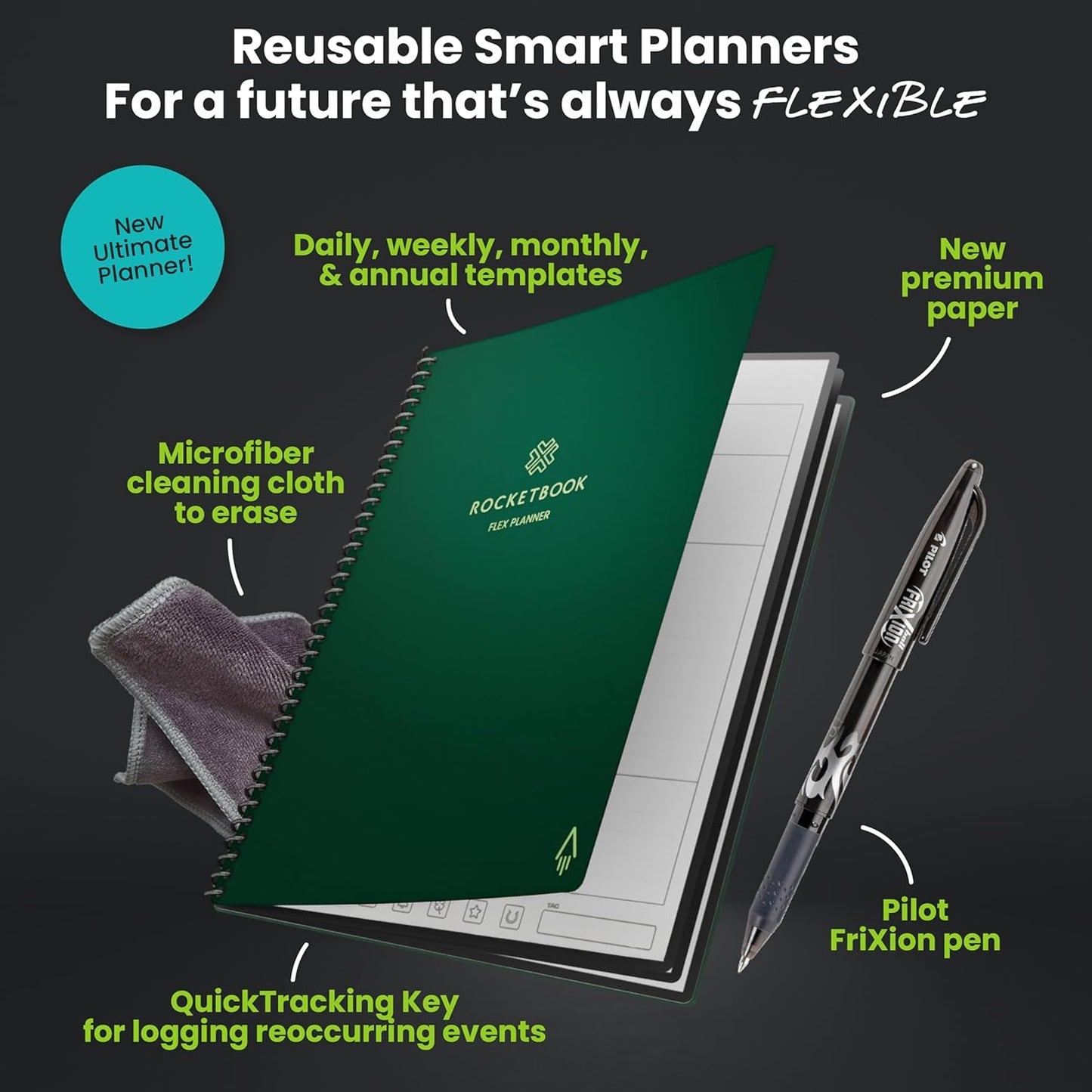 Rocketbook Flex Planner, Reusable Undated Smart, Executive Size 6x8.8 in Green – Daily, Weekly, Monthly, Annual Calendar, Tasks, Goals, Scheduling, Productivity, App Connected, Erasable, Durable Cover
