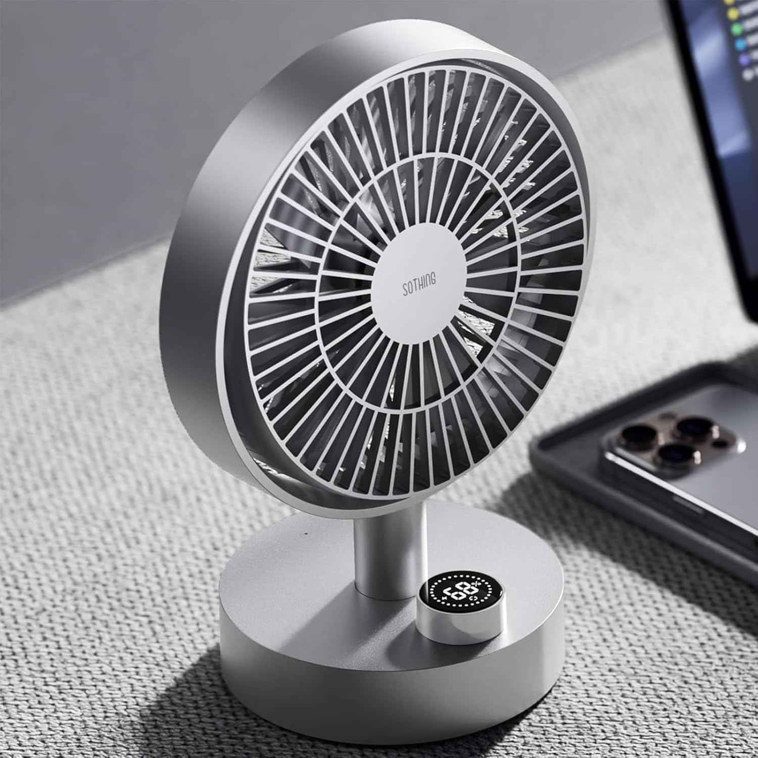 SOTHING Desk Fan, 18dB Ultra-Quiet, 6.6-inch Small Fan with 10-Speed, 160° Oscillating, (4000mAh) 12hrs Battery Life, USB-C Rechargeable, Digital Display, Small Desk Fan for Office - Silver