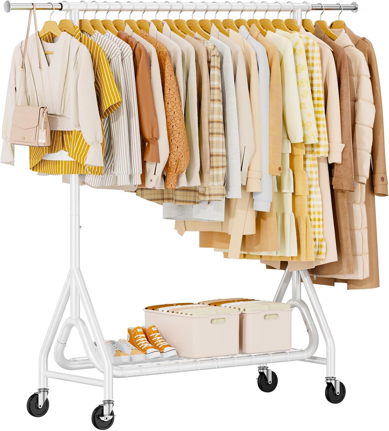 Heavy Duty Clothes Rack, Metal Clothing Rack Load 450 LBS, Rolling Coat Racks for Hanging Clothes with Lockable Wheels, Wardrobe Closet Garment Racks for Bedroom, White - Lumora Desk