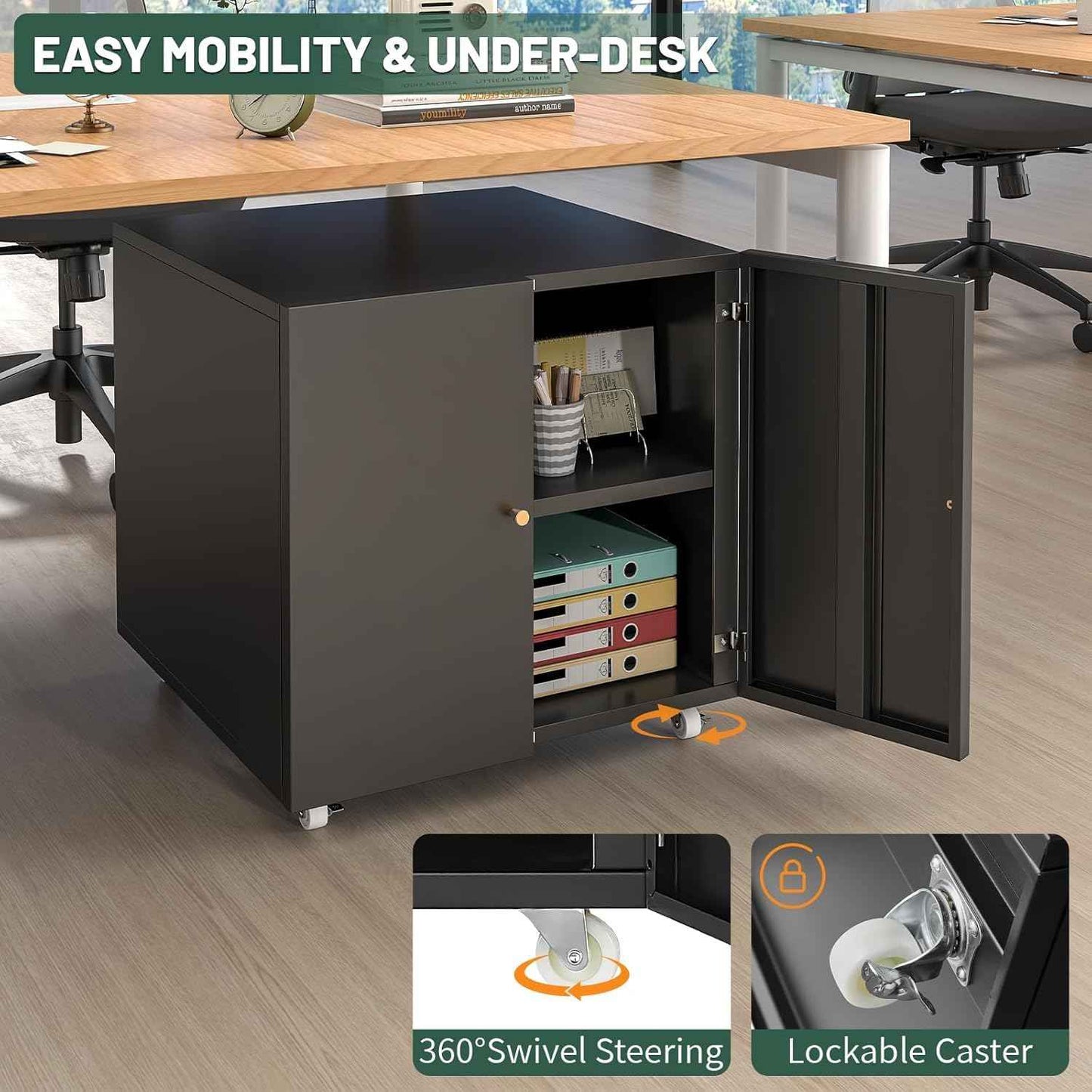 Printer Stand with Storage Cabinet with Wheels,3D Heavy Duty Metal Large Printer Table with Adjustable Shelf for Home Office, Mobile Printer Cart,Black,23.6" H