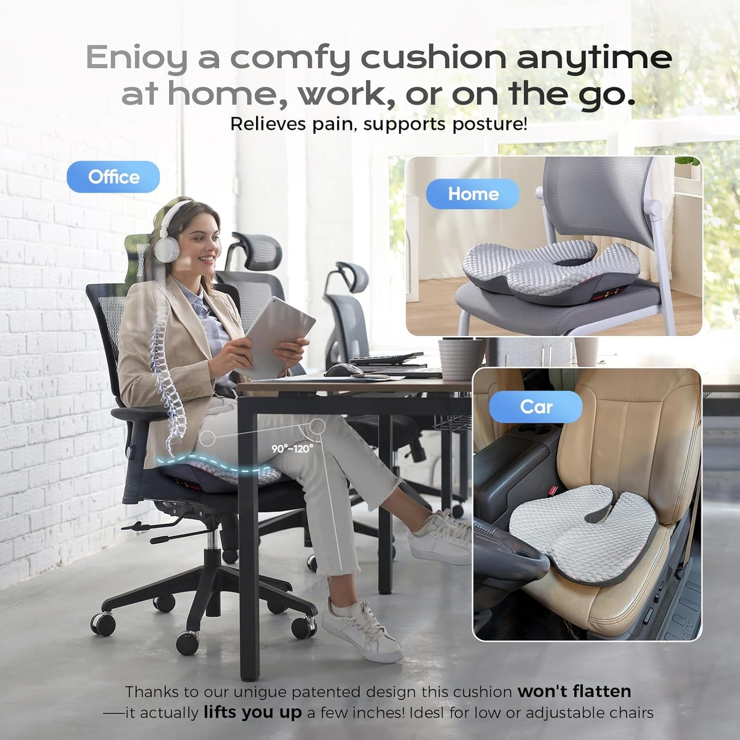 Seat Cushion for Tailbone Pain Relief X-Large,Ergonomic Office Chair Cushions for Butt Hip Lower Back & Sciatica Pain Relief Pillow,Pressure Relief Seat Cushion for Long Sitting, Car & Plane (Grey)