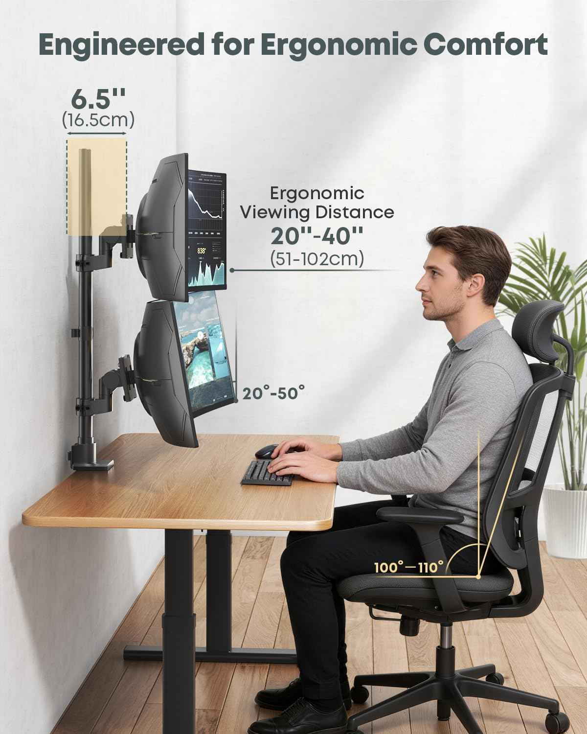 Dual Monitor-Arm Ultrawide Heavy Duty - 24-57 inch Vertical Dual Monitor Mount, Adjustable Stacked Double Monitor Desk Mount Stand, Max Load 59.4 lbs (per Arm), VESA 75/100 mm, Black