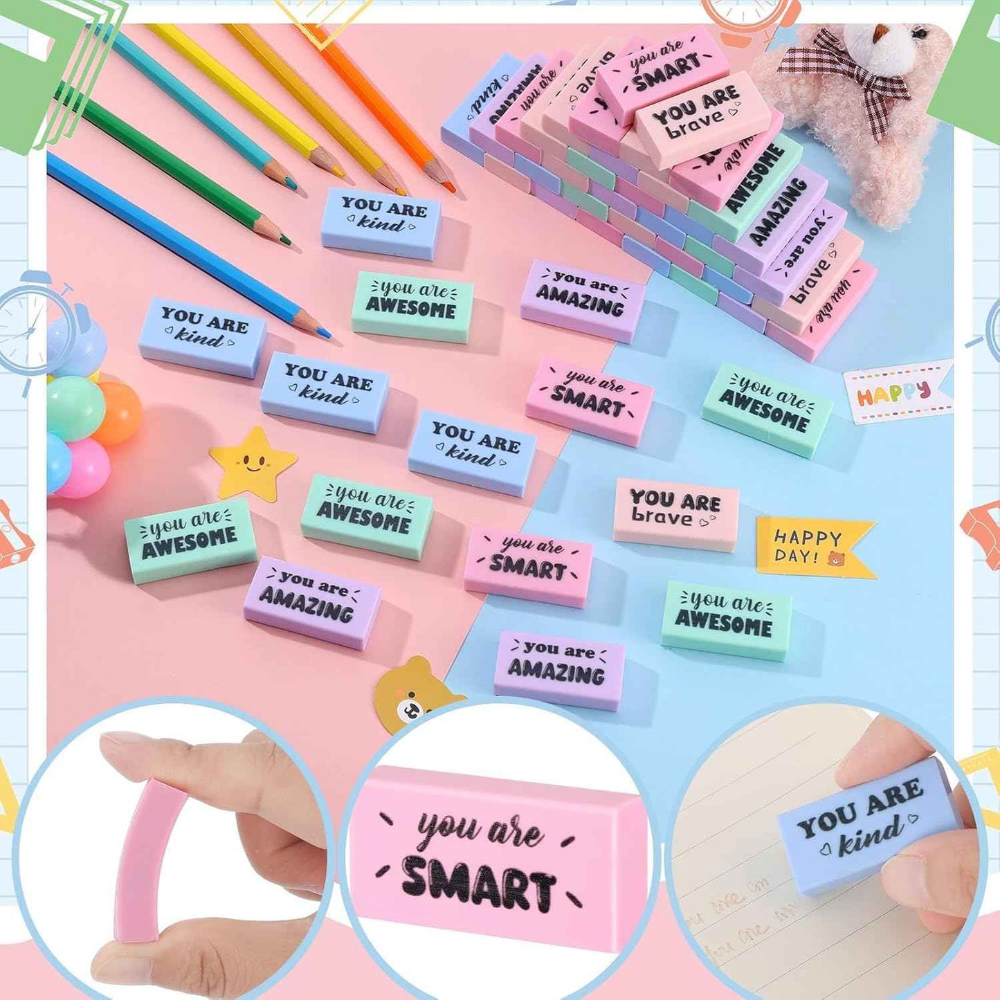 50 Pcs Inspirational Pencil Erasers Bulk Fun Motivational Eraser for Kids Students Teachers Back to School Office Supplies Prize Reward Graduation Gift