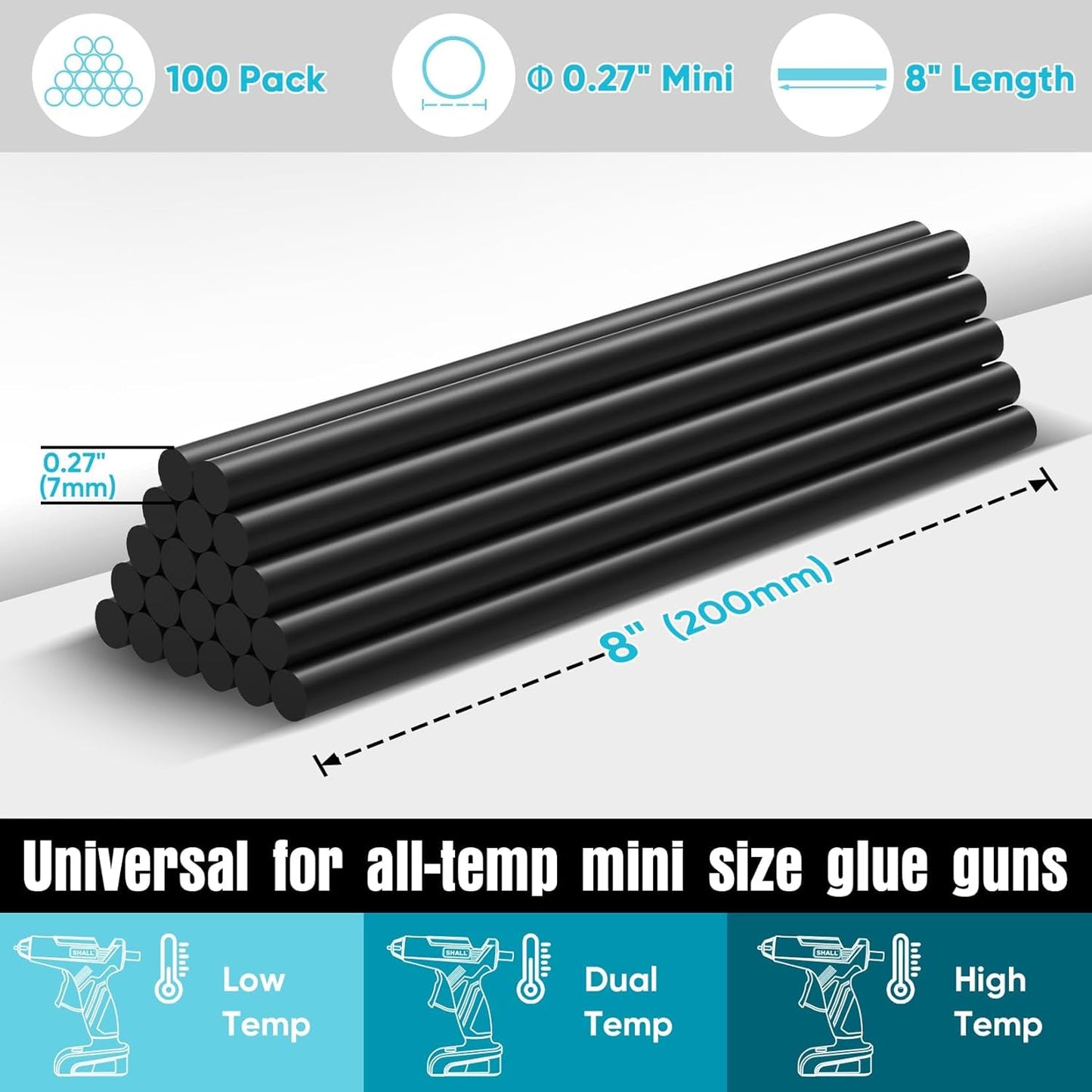 SHALL Mini Hot Glue Sticks, 0.27” Dia x 8” Long, 100 Pack Black Glue Gun Sticks for All-Temp Mini Glue Guns, Hot Melt Adhesive Glue Sticks Multipurpose for DIY Craft Sealing Repair Festival Decoration