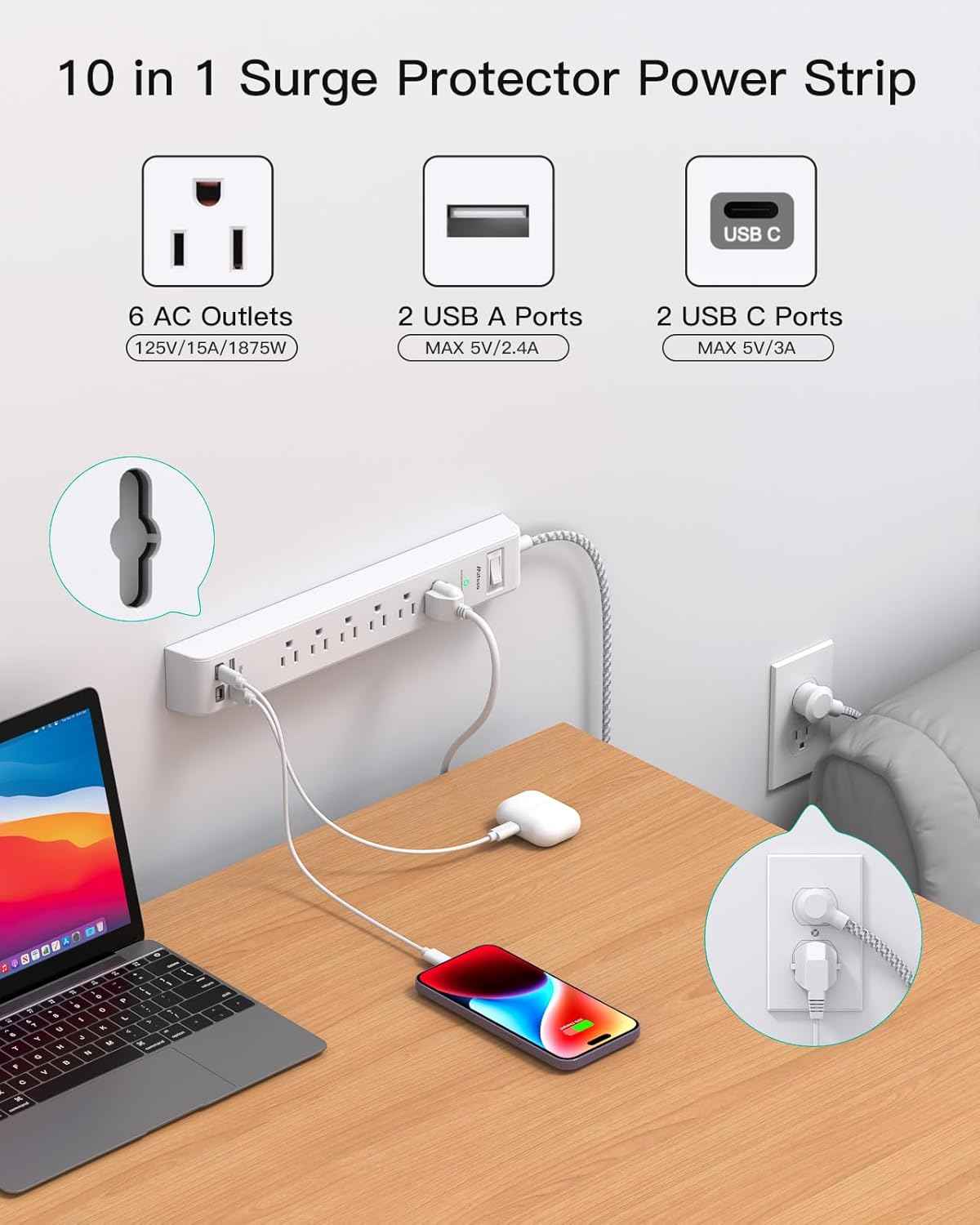 2 Pack Power Strip Surge Protector, 6 Outlets 4 USB Ports (2 USB C) 5Ft Long Extension Cords, Flat Plug Overload Protection Outlet Strip, Wall Mount for Home, Office and Dorm Essential, ETL Listed