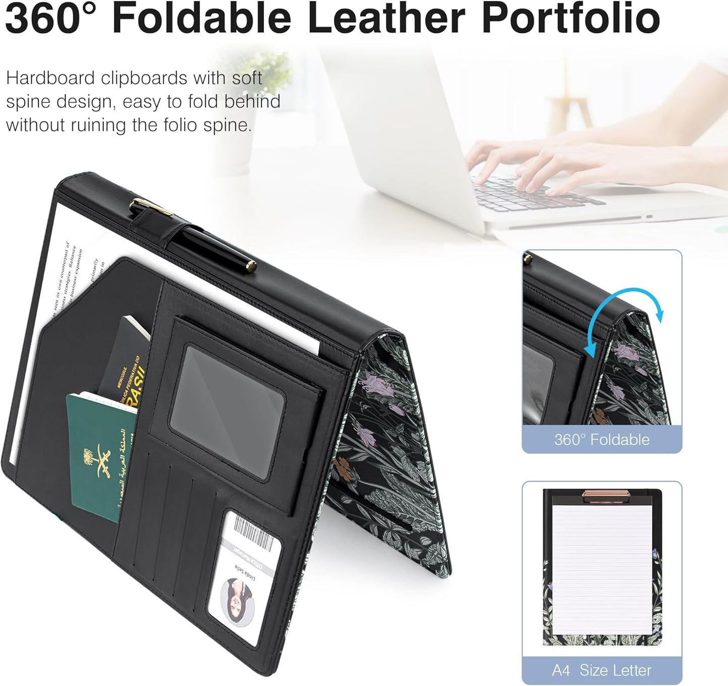 Ospelelf Foldable Leather Clipboard Padfolio with Notepad 8.5 x 11, Business Clipboard Portfolio Organizer, Flowers