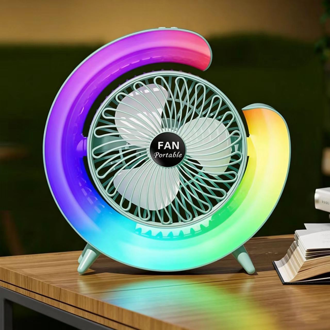 Small Quiet Desk Fan Rechargeable, Portable USB Table Fan with 5 Light Modes, 3-Speed 180° Rotation, Mini Desktop Personal Cooling Fans For Office Bedroom Kitchen Camping Dorm, Green-B