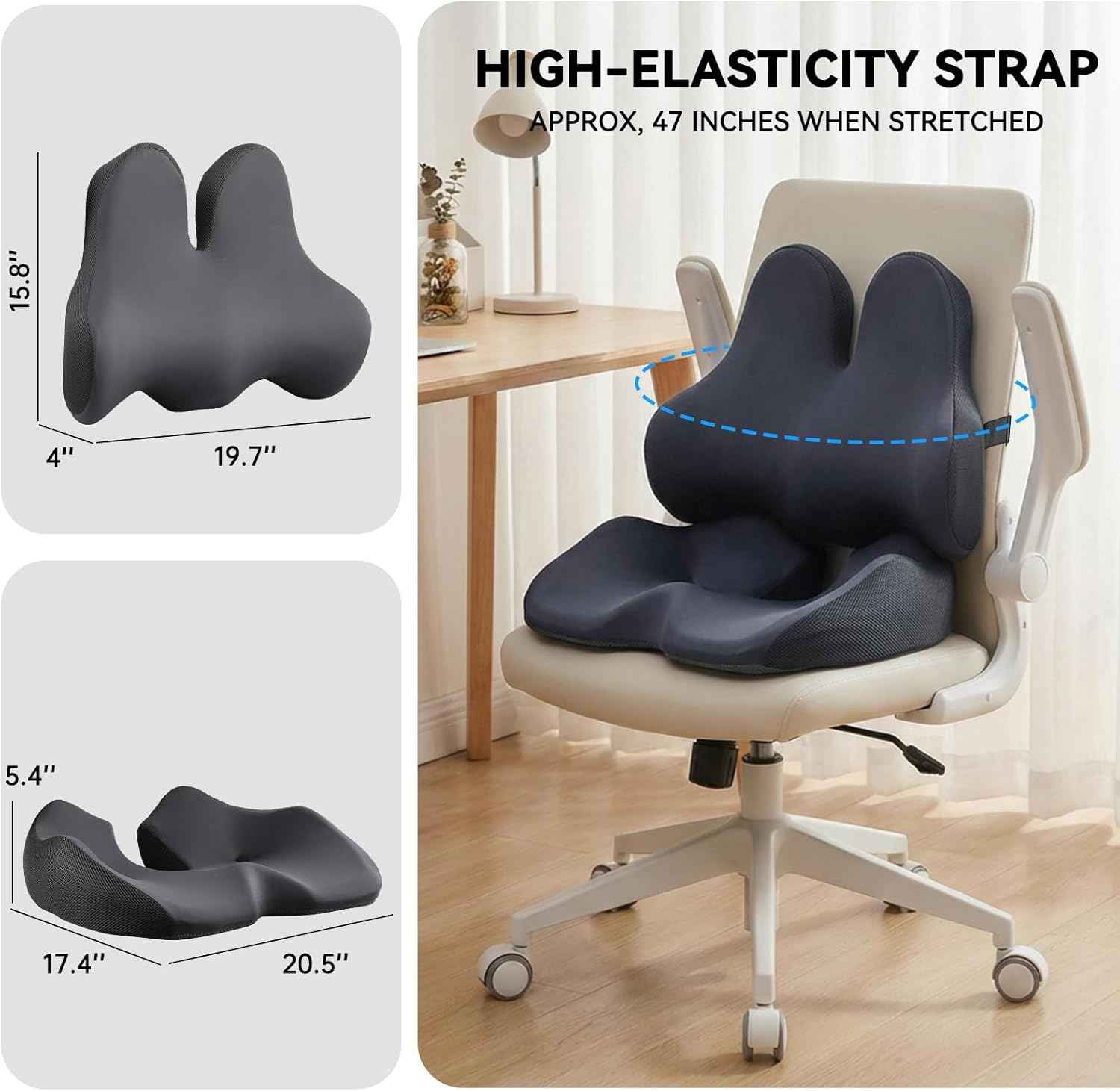 Seat Cushion Lumbar Support Pillow Set, X Large Memory Foam Coccyx Pad for Tailbone & Sciatica Pain Relief, Office Chair Cushions Back Support for Car, Desk, Wheelchair with Adjustable Fixed Strap