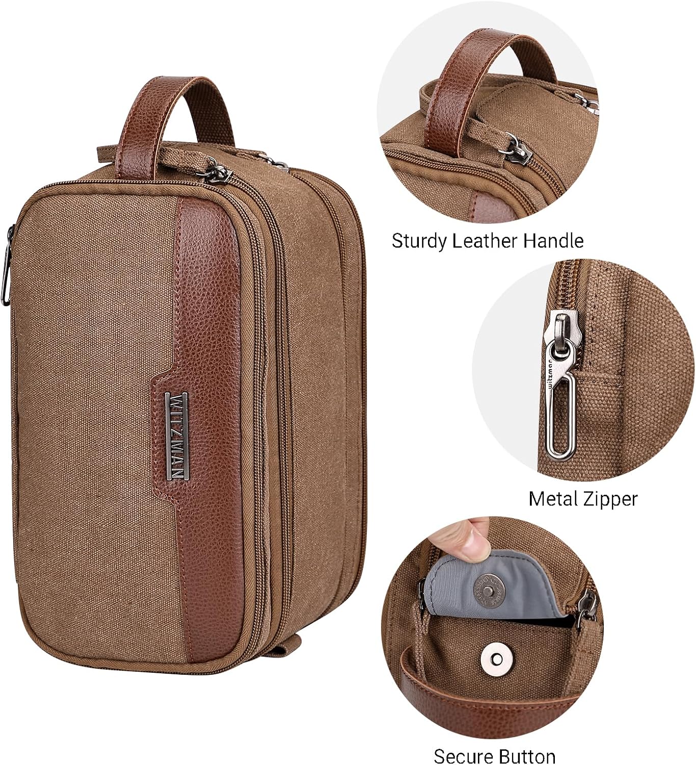 WITZMAN Canvas Toiletry Bag for Men Large Capacity Hanging Dopp kit for Men Leather Toiletries Water-resistant Bathroom Bag(A8002 Brown)