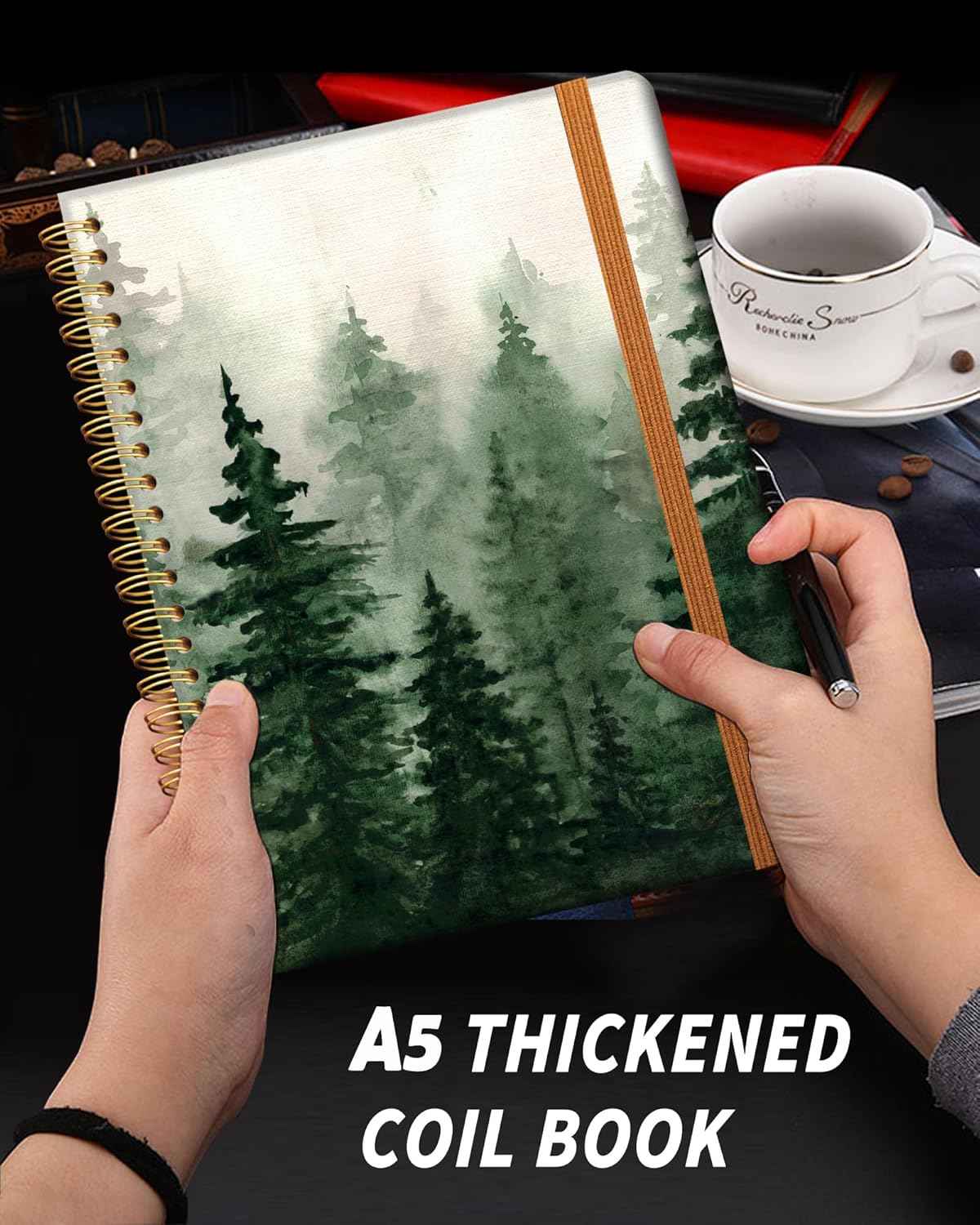 Ruled Spiral Writing Notebook,A5 Hardcover Lined College Journal for Women Lady,Fashion Puppy Watercolor Strong Twin-Wire Binding with Premium Paper,8.4" X 6",Perfect for School,Office,Home Gifts(Spruce Green Forest)