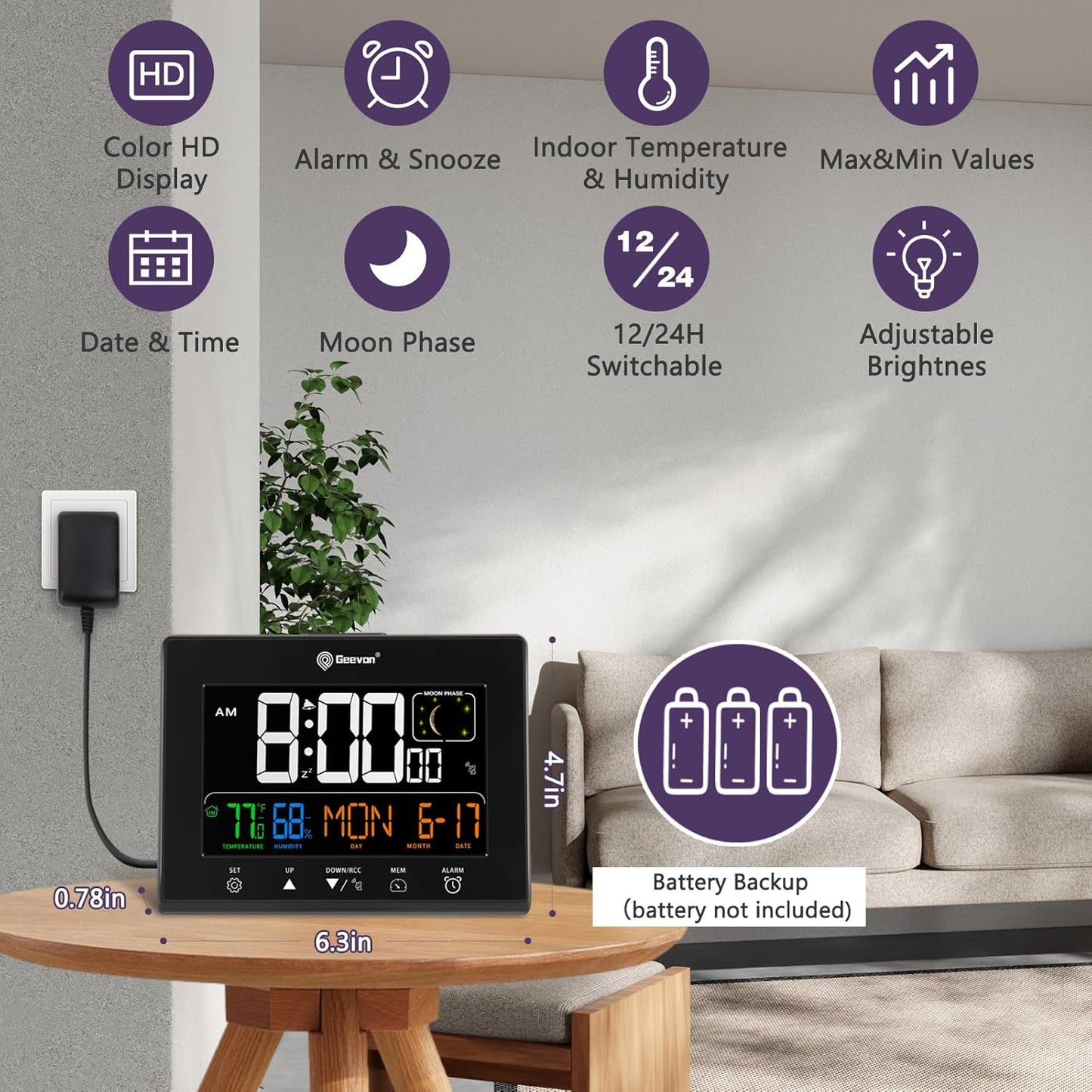 Geevon Digital Atomic Alarm Clocks for Bedrooms with 2 USB Ports, Color VA Display Atomic Clock with Indoor Temperature and Humidity, DST, Calendar, and Moon Phases for Seniors Elderly