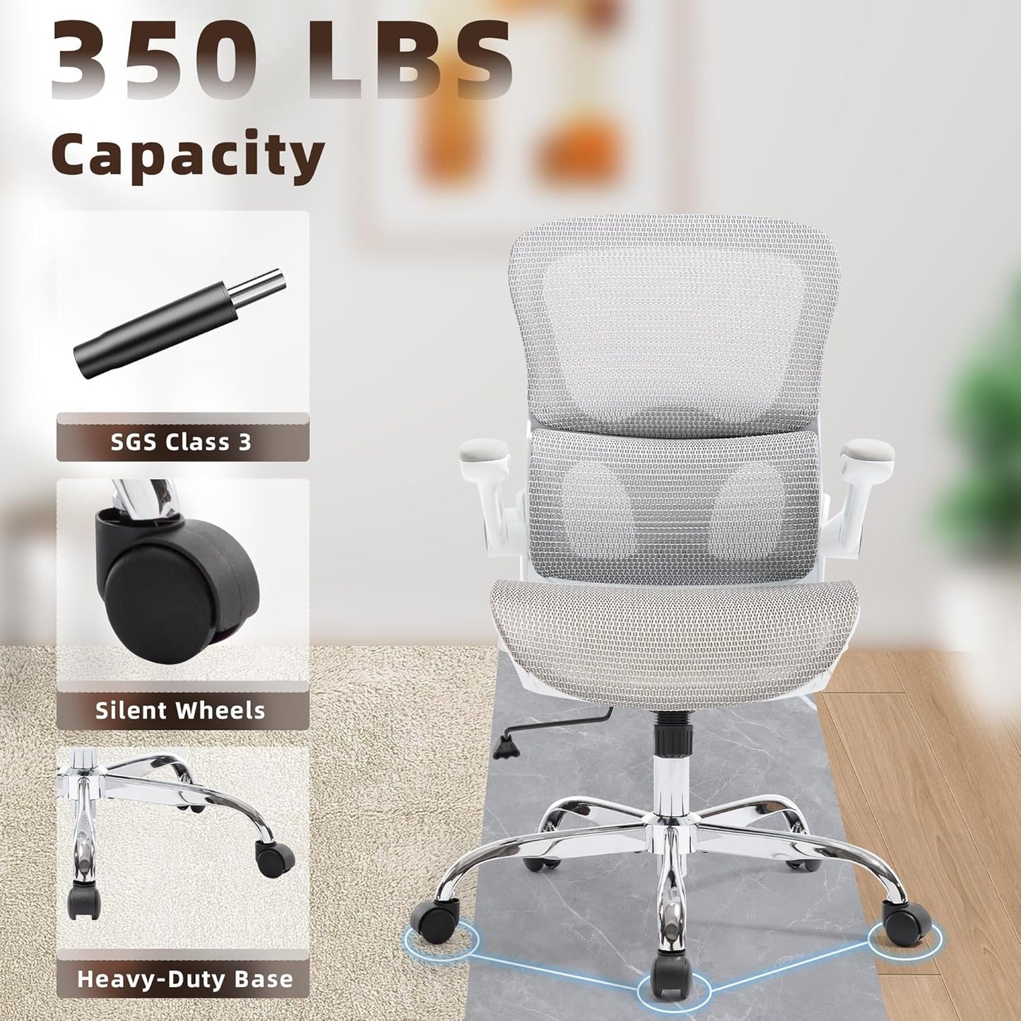 Office Chair, Ergonomic Desk Chair with Adjustable High Back 2D Lumbar Support Flip-up Armrests, Executive Breathable Mesh Comfy Swivel Rolling Computer Task Chair for Home Office Study Work Gaming