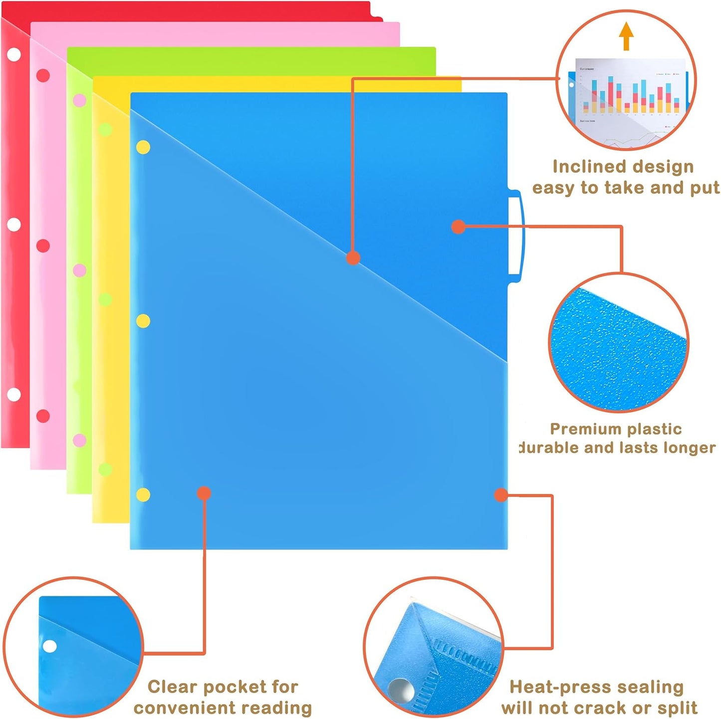 WOT I Durable 5-Tab Binder Dividers with Clear Pocket - 1 Set, Reusable Plastic Dividers for 3 Ring Binder, 5 Vibrant Colors