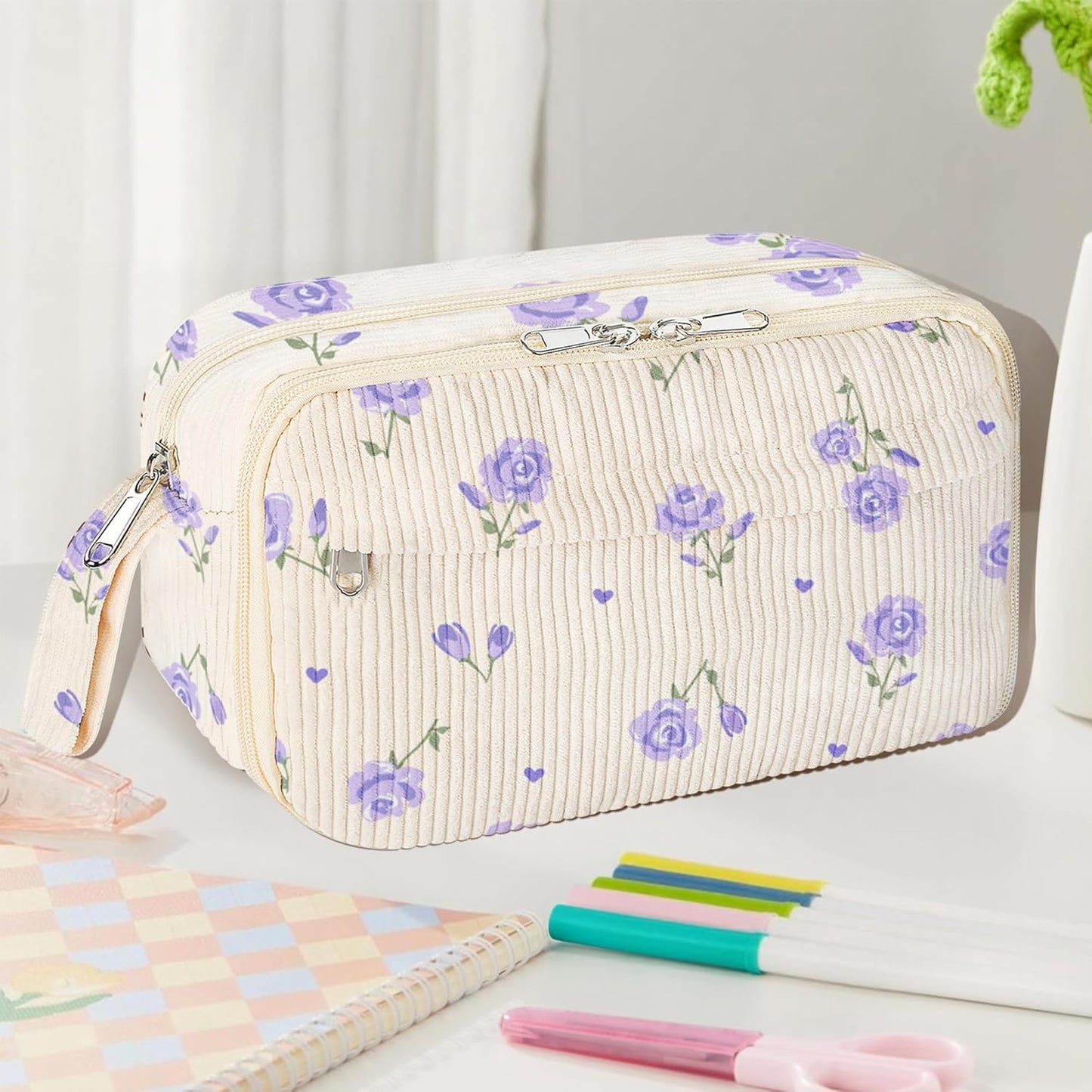 Large Pencil Pouch for Girls,Cute Corduroy Pencil Case Pouch Aesthetic Soft Pencil Bag for School, Zippered Pencil Organizer School Supplies for Teen Girls Women Gift (purple floral)