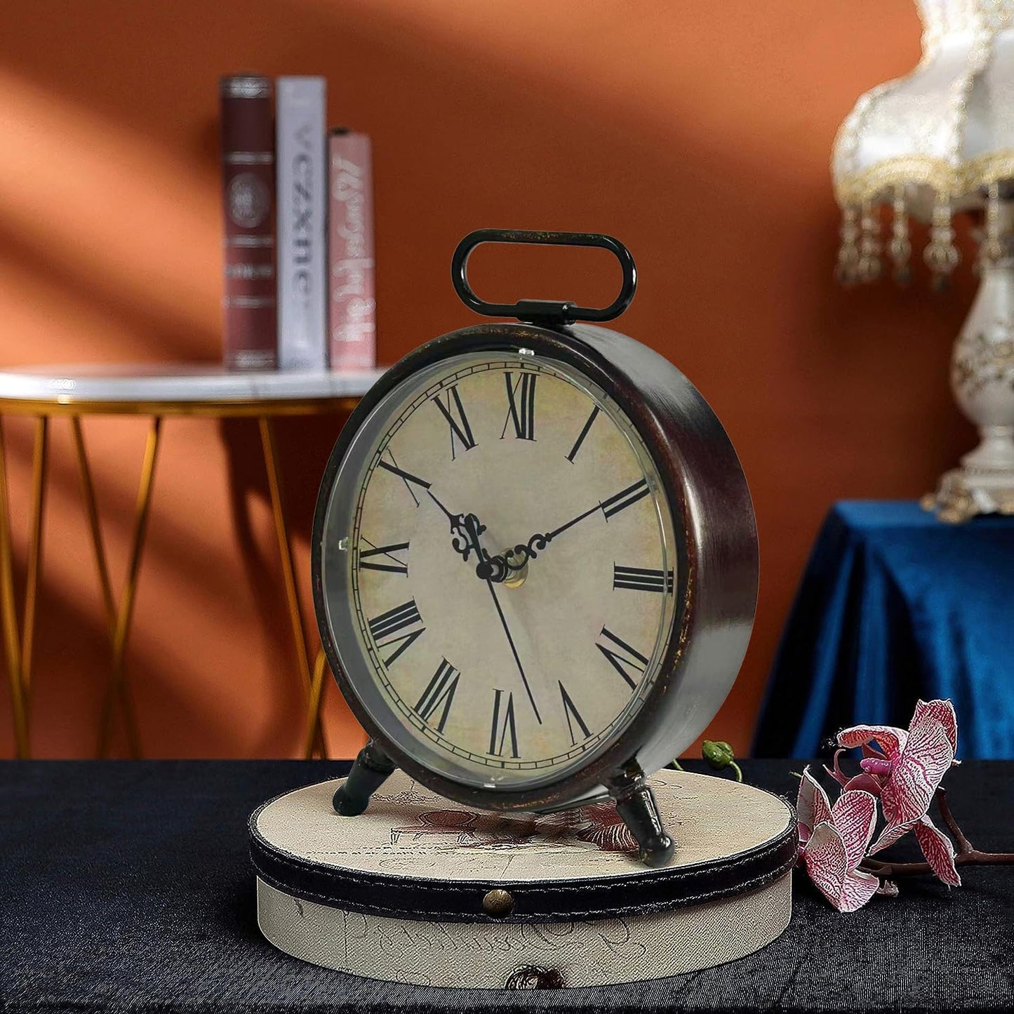 Vintage Desk Clock, 8 Inches Silent Non-Ticking Battery Operated Metal Table Top Clock for Bedroom, Living Room, Office, Shelf Decor (Brown)