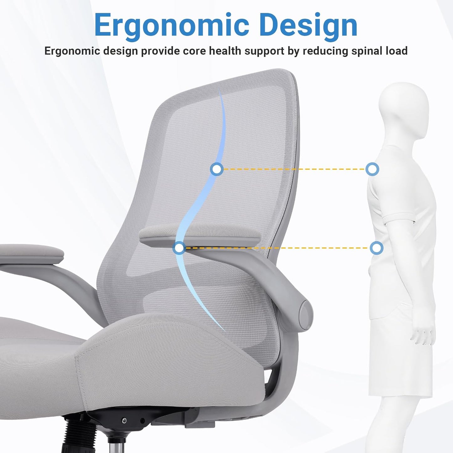 HYLONE Heavy Duty Office Chair, 5" Thickened Seat Ergonomic Desk Chair with Adjustable Armrests, Home Office Computer Chairs for Long Hours Mesh Executive Chair(Grey)