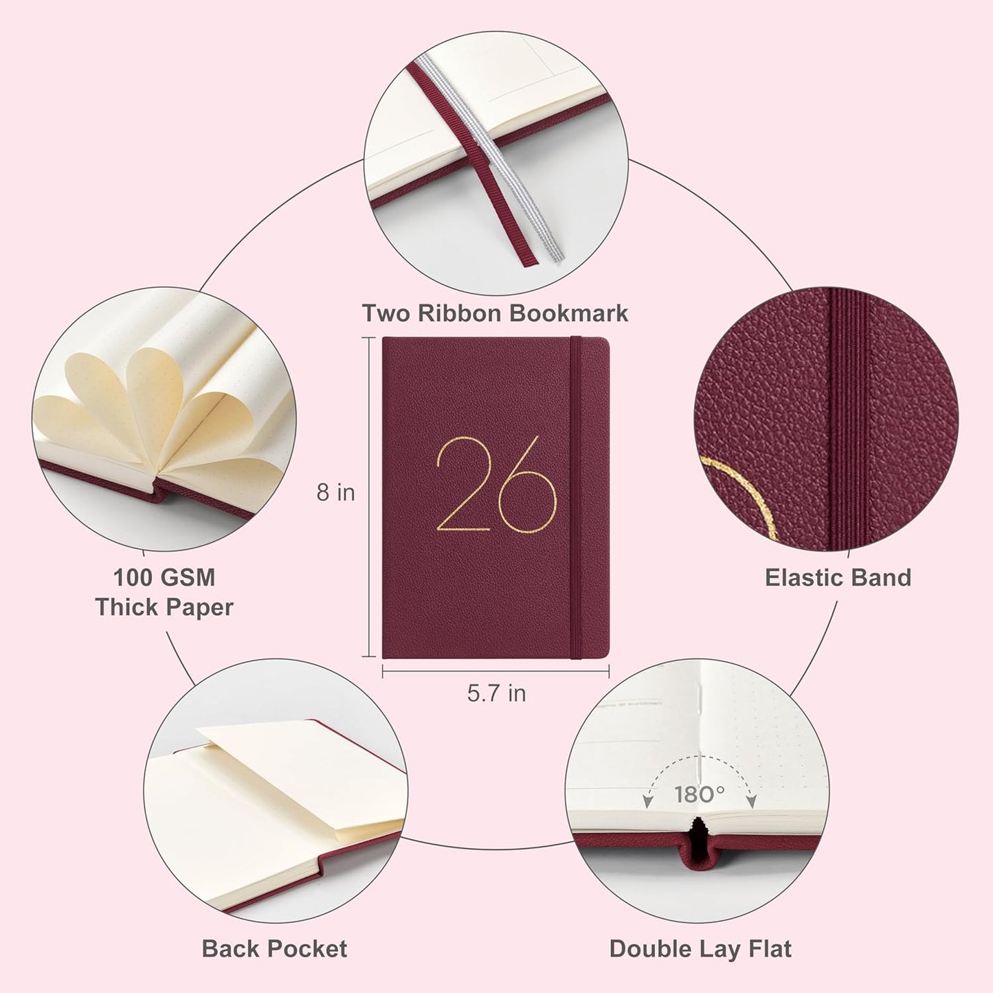 And Per Se 2026 Planner-Daily, Weekly & 15-Monthly Leather Hardcover Planner, 5.7" x 8", Daily Schedule, Monthly Tabs, 100 GSM Thick Paper, Back Pocket(Dark Red)