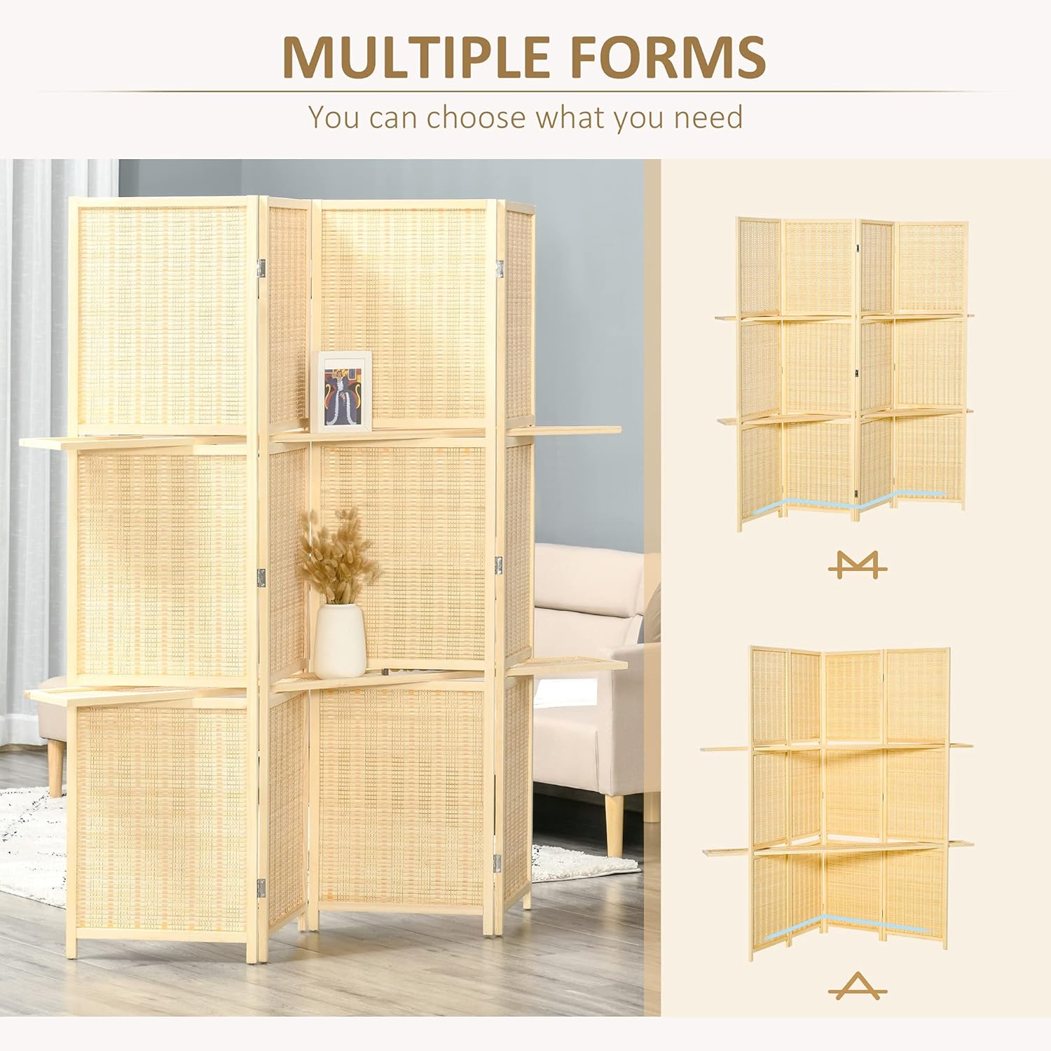 NicBex Room Divider 4 Panel Room Dividers with Storage Shelves Partition Room Dividers and Folding Privacy Screens 6 FT Wall Divider for Office, Room Separation,70.75" W x 0.75" D x 70.75" H, Natural - Lumora Desk