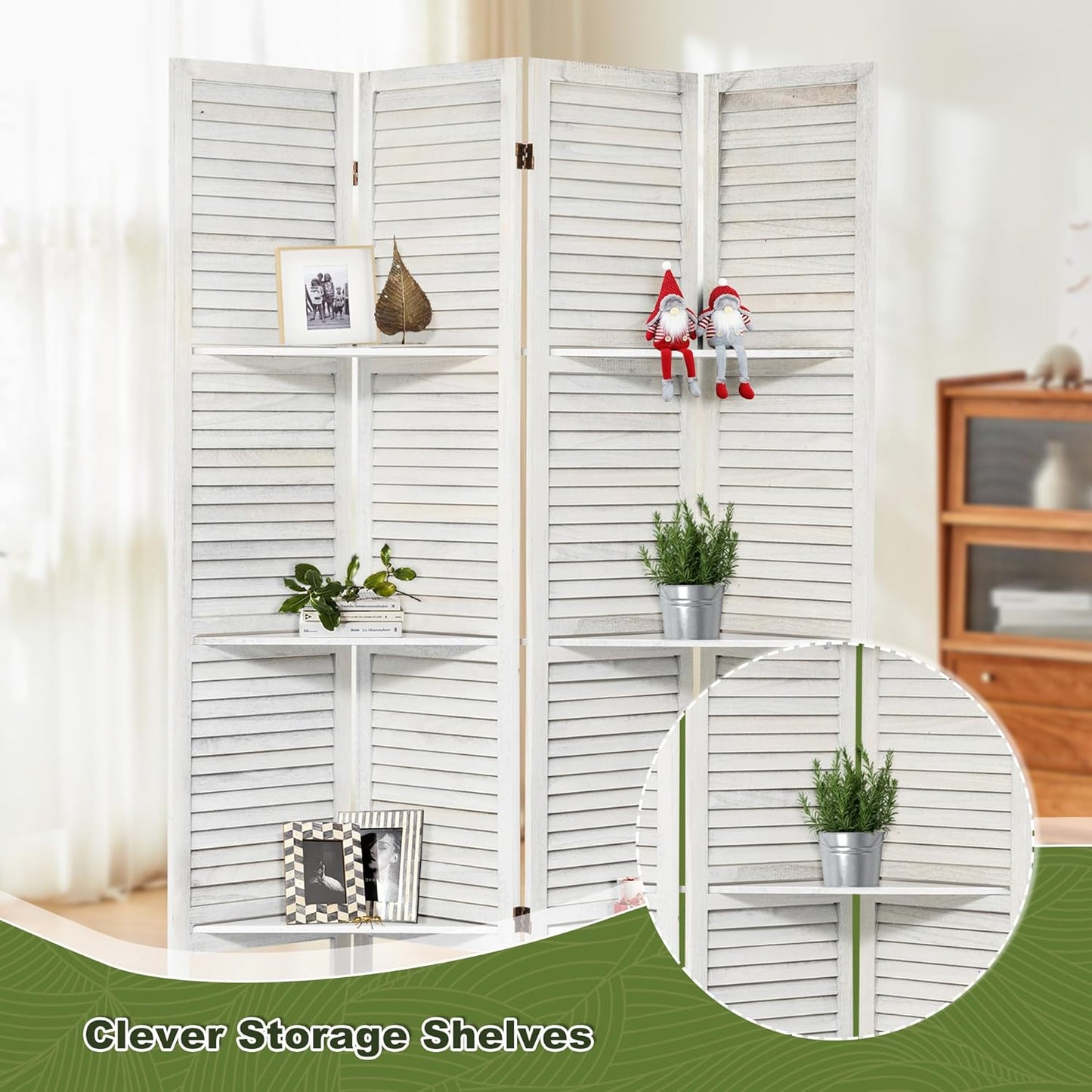 NicBex 4 Panel Room Divider,5.6FT Wood Carved Room Dividers with Display Shelves Folding Privacy Screens Portable Freestanding Partition Wall Dividers for Room Separation,Home Bedroom Office,White - Lumora Desk