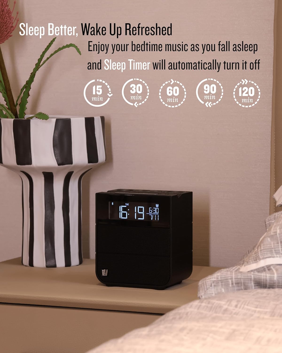 Sound Rise II, SFQ-16: Bedside Alarm Clock Radio & Bluetooth Speaker, with Large Display Screen, FM Radio, Fast USB Charging, and Nature Sound