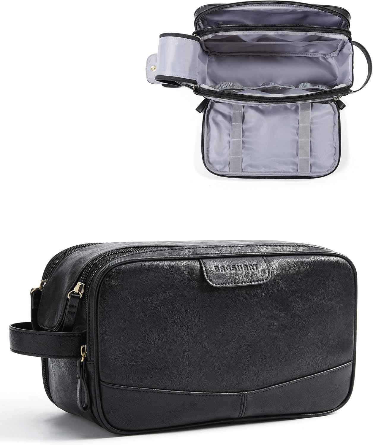 BAGSMART Large Toiletry Bag for Men, High-gloss PU Leather Travel Bag for Toiletries, Dopp Kit Water Resistant Shaving Bag for Bathroom Shower-Black