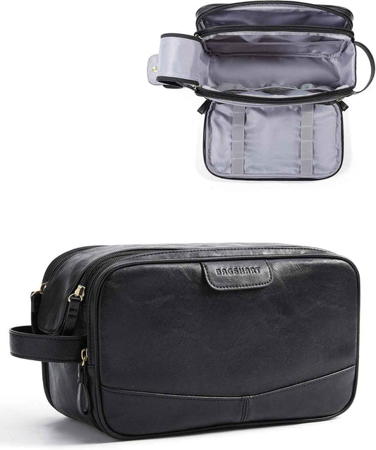 BAGSMART Large Toiletry Bag for Men, High-gloss PU Leather Travel Bag for Toiletries, Dopp Kit Water Resistant Shaving Bag for Bathroom Shower-Black