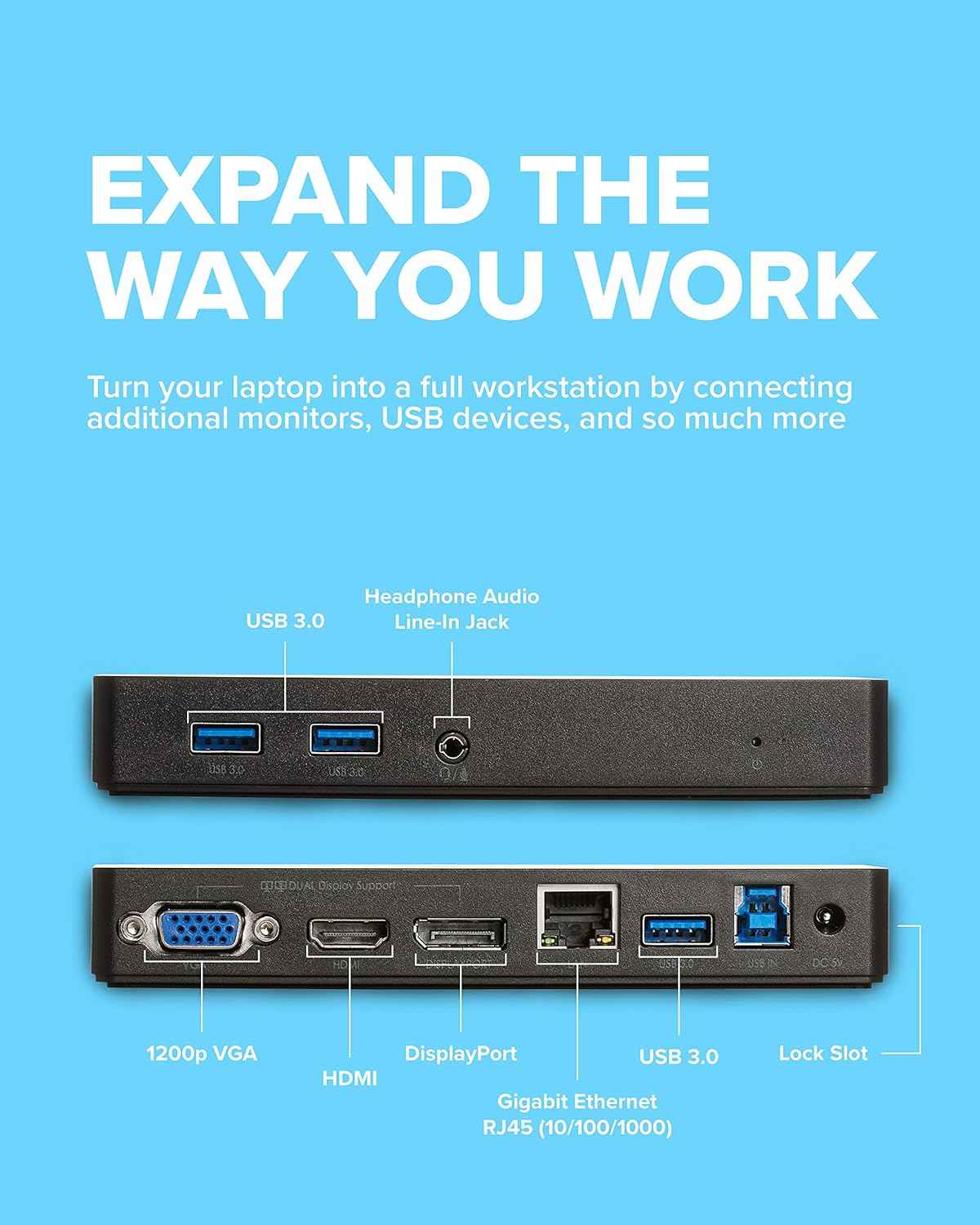 VisionTek VT1000 Universal Dual Full HD USB 3.0 Laptop Monitor Docking Station, Displaylink, HDMI, DisplayPort, VGA, RJ45 Ethernet, for MacBook & Windows (901147) (Renewed)