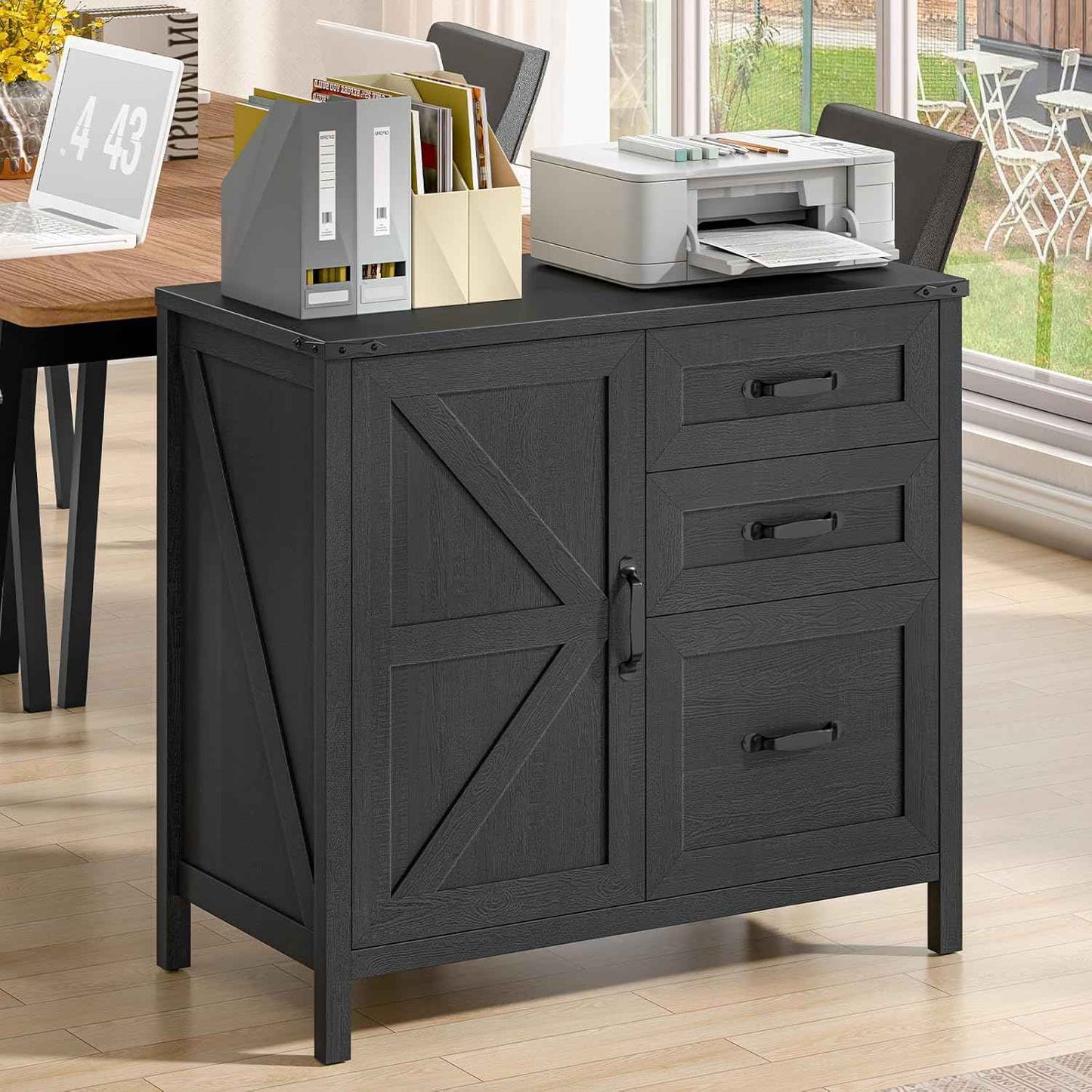 Befrases Farmhouse Lateral Filing Cabinet, Lateral File Cabinet with 3 Drawers and Storage Cabinet, Wooden Printer Stand with File Drawer for Letter/A4 Size Hanging File for Home Office, Rustic Black