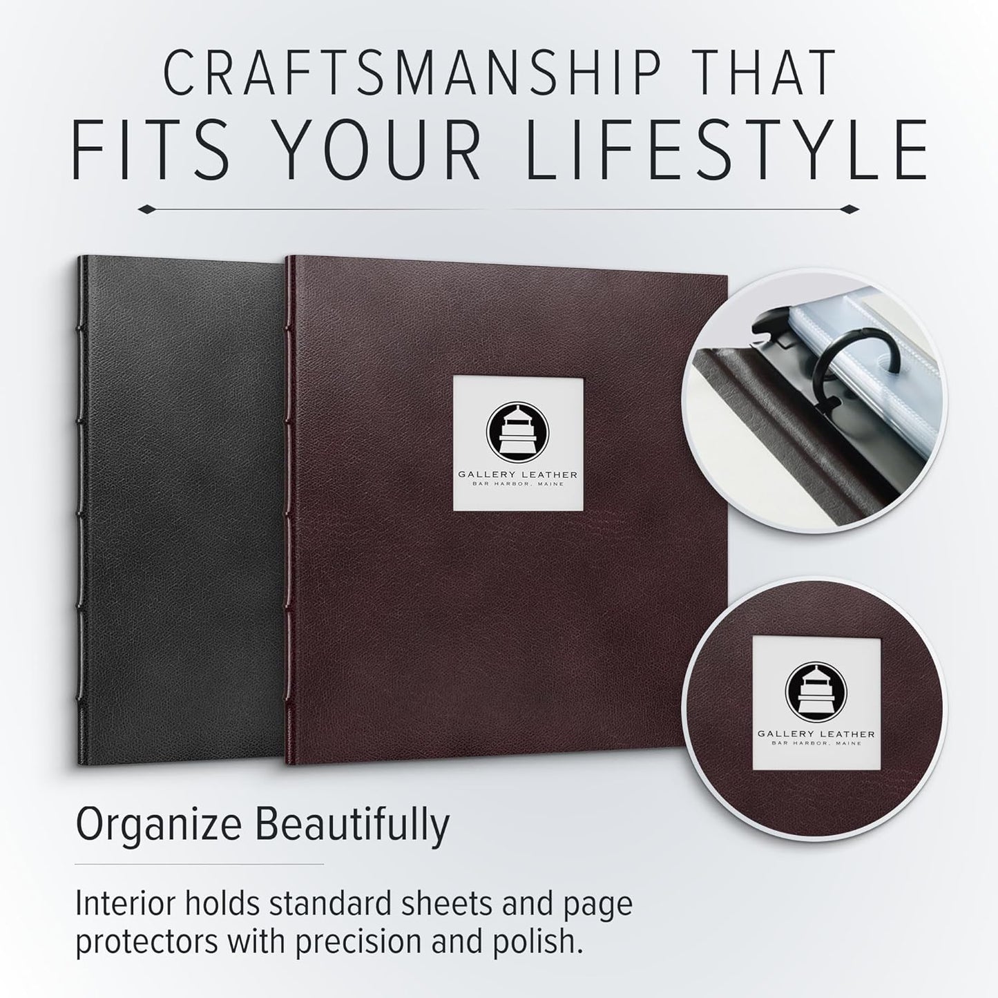 Gallery Leather 3 Ring Binder with Plastic Sleeves, Includes 10 Sheets, Sheet Size: 8.5" x 11" - Presentation Binder Rings with Window and Hubbed Spine, Thick: 0.75" Freeport Mocha