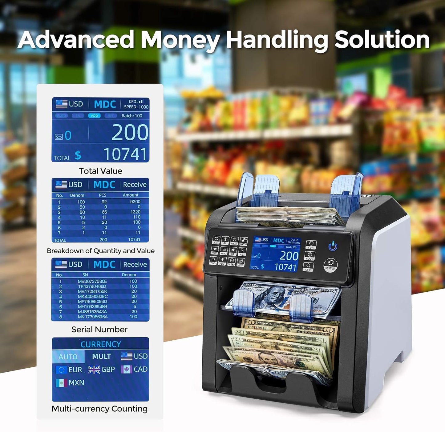 MUNBYN IMC08 Dual Money Counter Machine Mixed Denomination with Reject Pocket, Value Counting, Counterfeit Detection 2 CIS/UV/MG/IR, Sort&Print Enabled Cash Counter, Mixed Bill Counter (White)