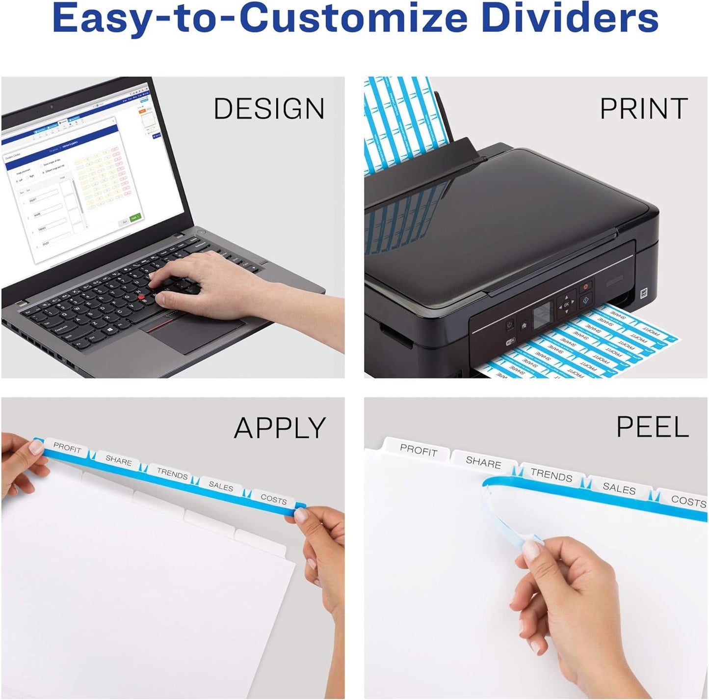 Avery 5 Tab Dividers for 3 Ring Binder, Easy Print & Apply Clear Label Strip, Index Maker Customizable White Tabs, 25 Sets (11446)