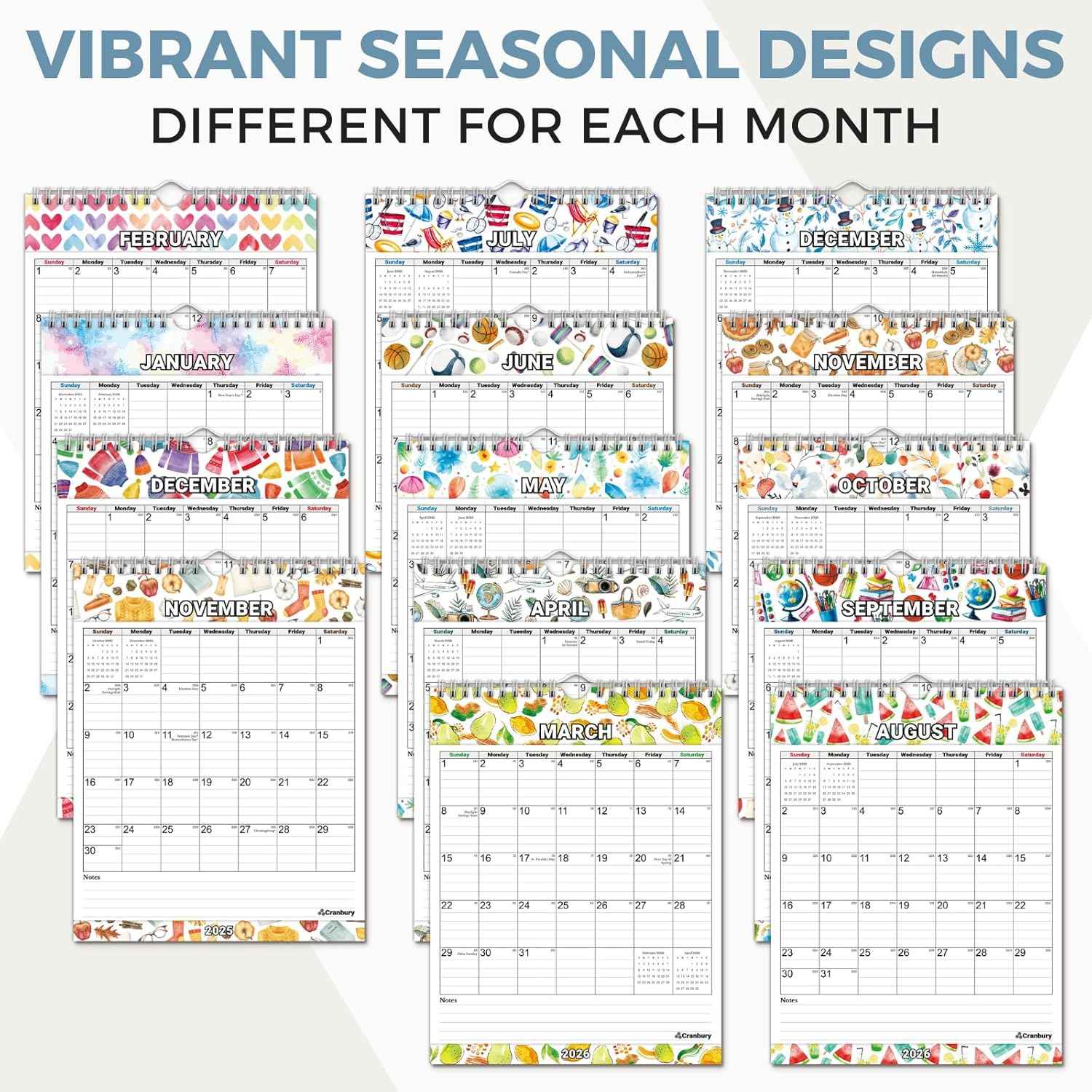 CRANBURY Small Wall Calendar 2026, 8.5x11 Vertical Calendar (Seasonal), Hanging or Desk, Starts Now and Runs Through Dec 2026, Monthly Planner for Home, School & Office, Includes Stickers