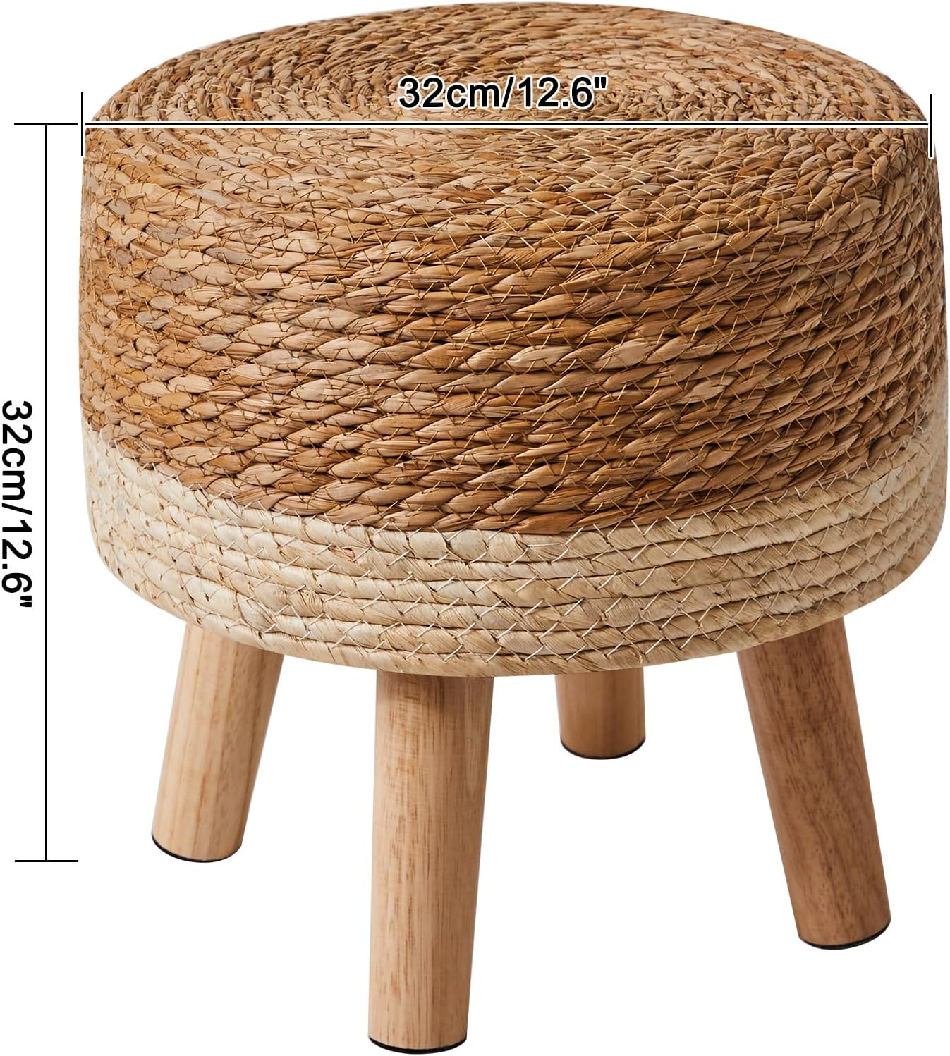 YMYNY Foot Stool,12.6" Round Small Ottoman, Natural+White, HBD027W | Natural Seagrass Hand Weave, Footrest, Non-Skid Wood Legs, Boho, For Living Room, Bedroom, Entryway,outdoor
