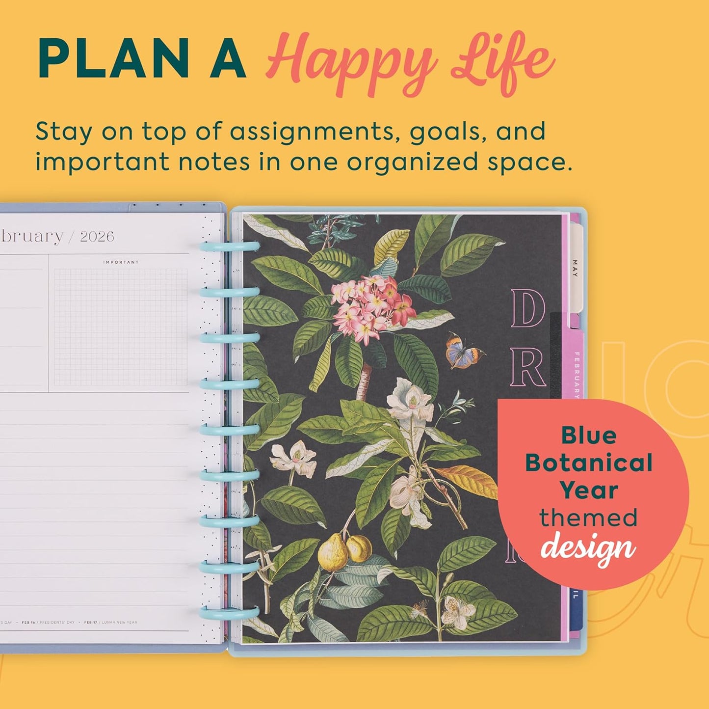 Happy Planner Disc-Bound Planner Jan.–Dec. 2026, Includes 3 Extra Months and 2 Sticker Sheets, Classic Size, 7" x 9.25", Dashboard Layout, Blue Botanical Year