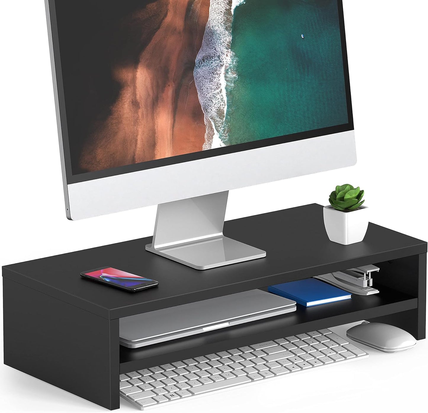 FITUEYES Monitor Stand - 2 Tier Computer Monitor Riser with 21.3 Inch Shelf, Wood Desktop Stand for Laptop Computer Screen, Desk Organization, Office Supplies