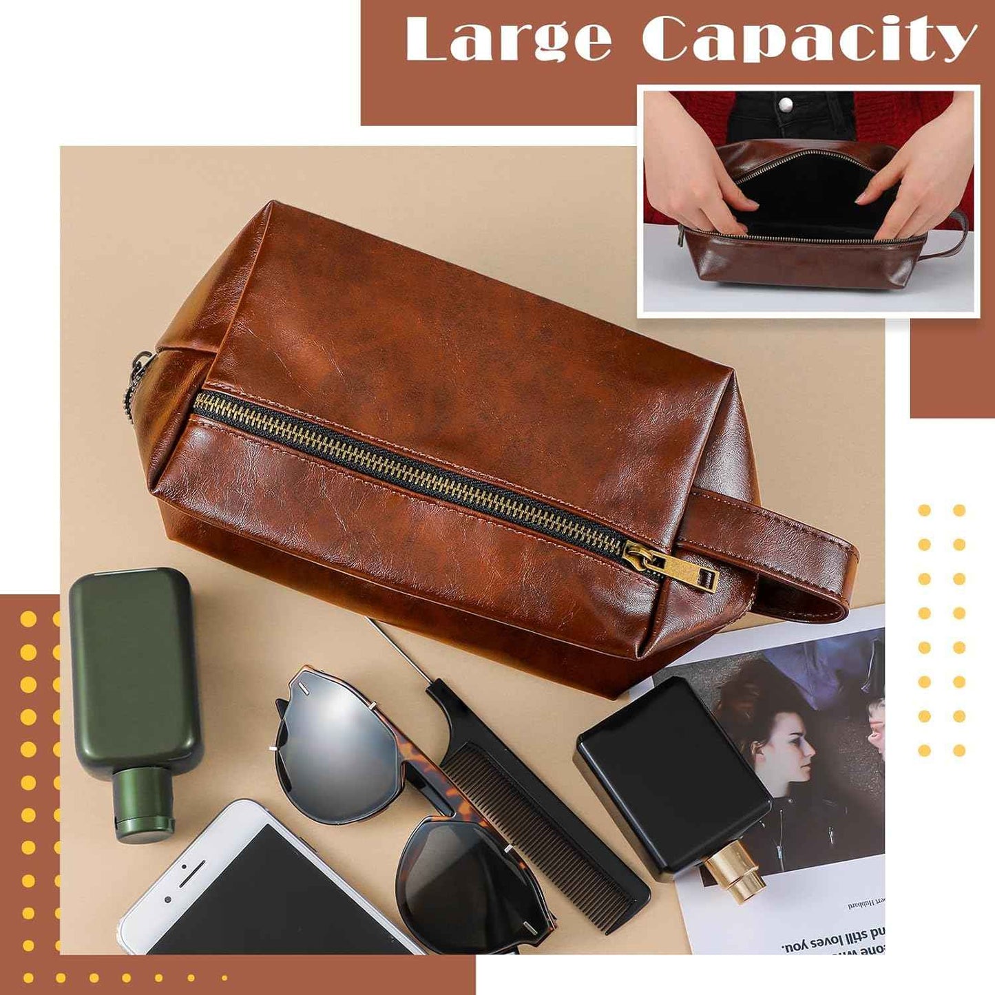 Hillban 10 Pcs Groomsmen Gift Leather Toiletry Bag for Men Travel Shaving Kit Bathroom Bag Make up Cosmetic Proposal Supplies for Wedding Favor Grooming Anniversary Boyfriend Father(Dark Brown)