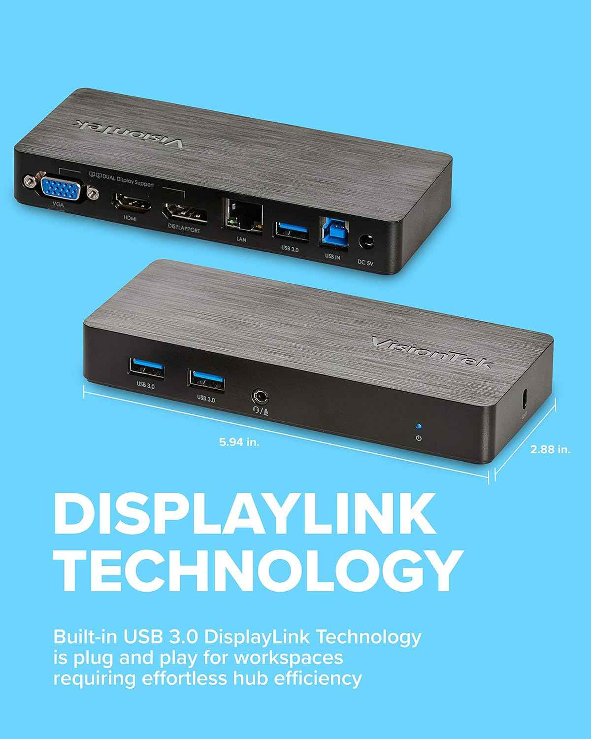 VisionTek VT1000 Universal Dual Full HD USB 3.0 Laptop Monitor Docking Station, Displaylink, HDMI, DisplayPort, VGA, RJ45 Ethernet, for MacBook & Windows (901147) (Renewed)