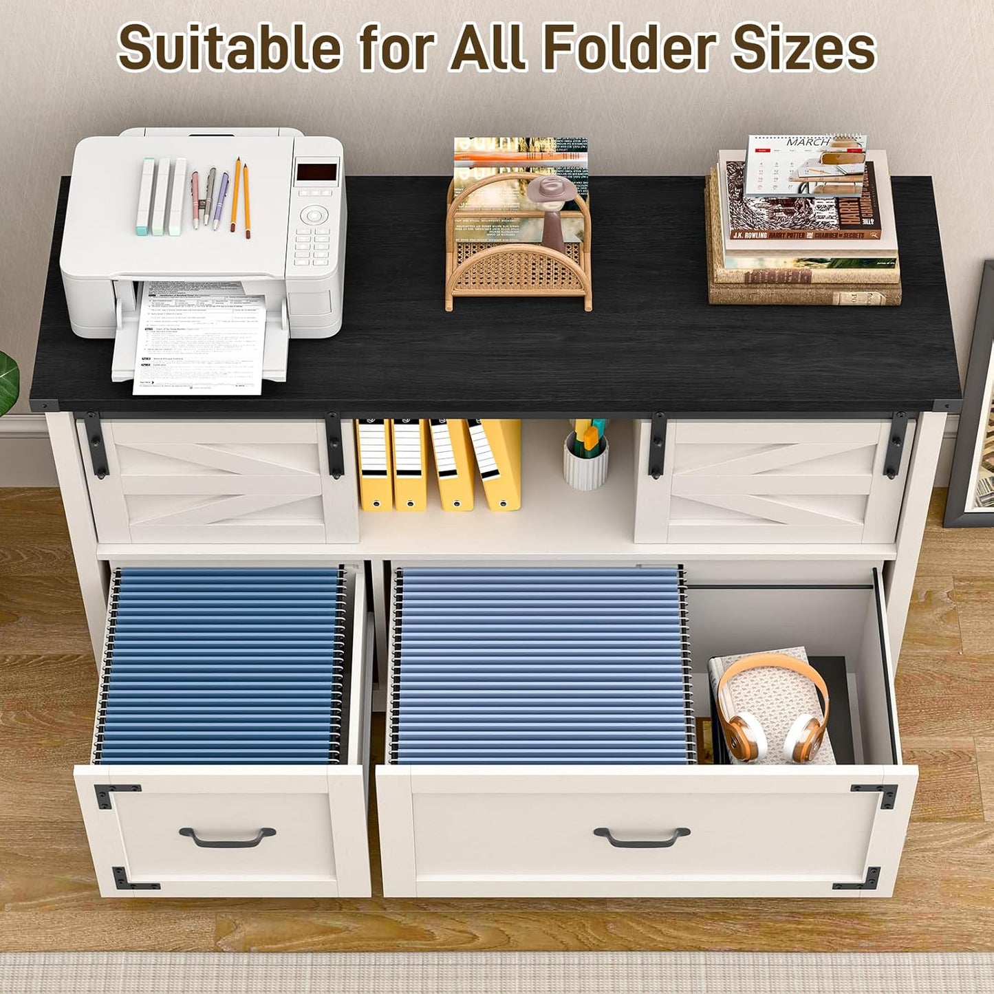 Lateral File Cabinets 2 Drawer with Sliding Barn Doors, Farmhouse Filing Cabinet with 2 Drawer for Home Office，Filing Organization Storage Cabinets for Hanging Files Letter/Legal/F4/A4.(Black.)