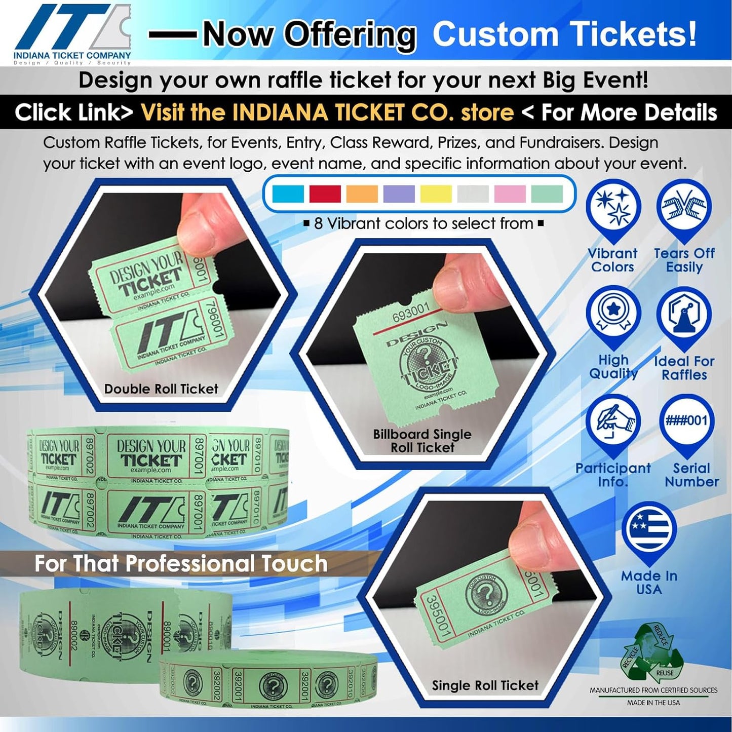 INDIANA TICKET CO. 2,000, Purple Raffle Tickets Double Roll, Premium Quality 50/50 Raffle Tickets, Tickets for Events, Carnivals, Door Prizes, Drinks and More