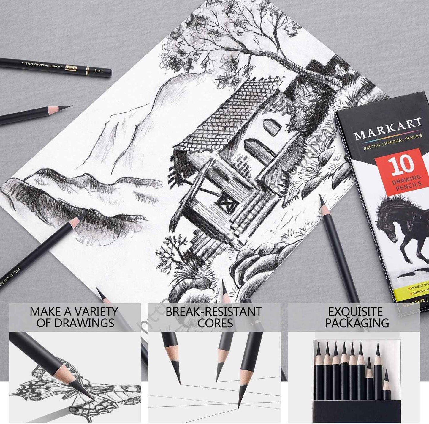 MARKART Professional Charcoal Pencils Drawing Set - 10 Pieces Soft Medium and Hard Charcoal Pencils for Drawing, Sketching, Shading