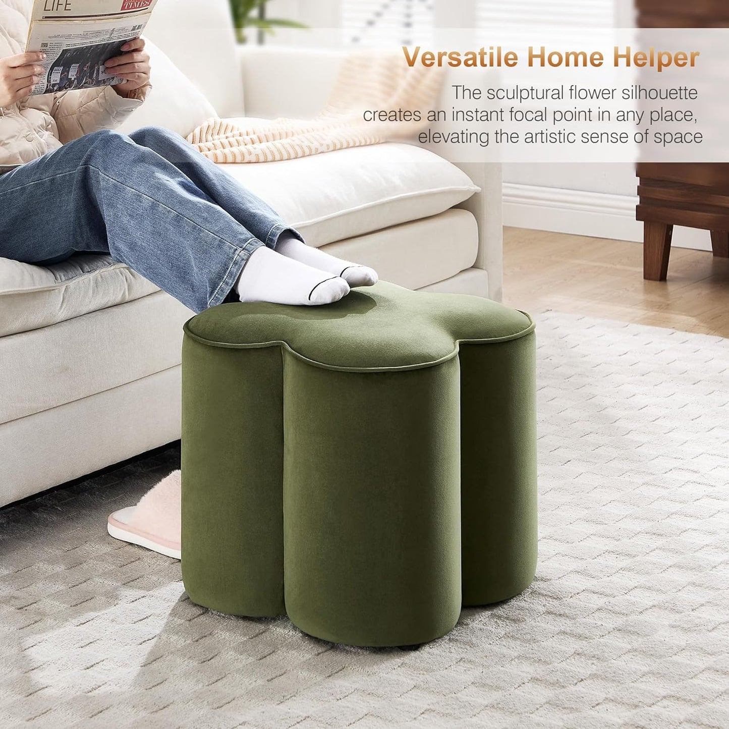 Zesthouse Flower Pouf Ottoman Foot Rest, Velvet Fabric Poofy Ottoman Footstool for Couch, Modern Living Room Stool Seat, Cute Square Vanity Stool for Bedroom Dorm, Green