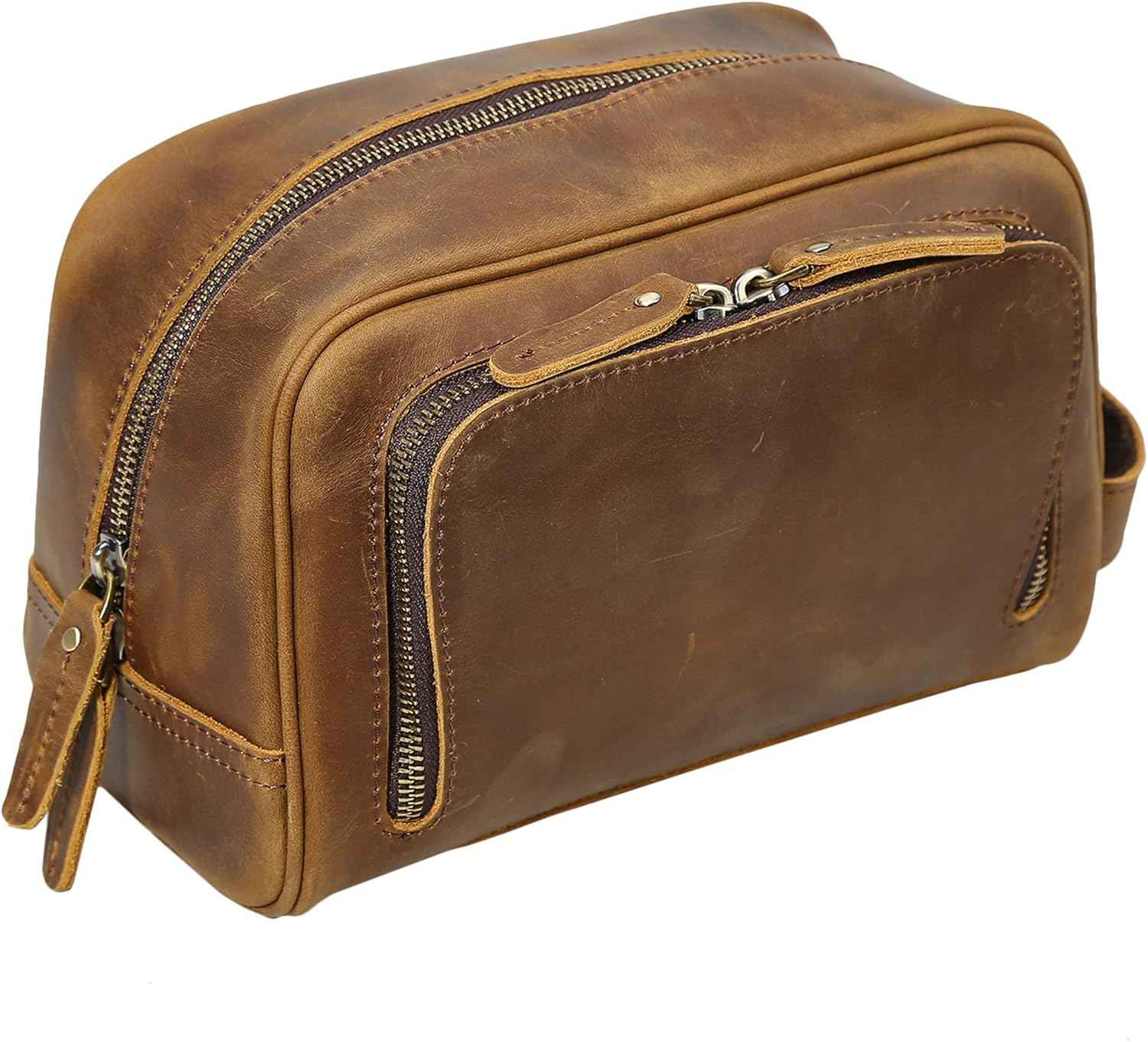Polare Vintage Full Grain Leather Handmade Travel Toiletry Bag for Men - Dopp Kit - Shaving Kit with YKK Metal Zippers A-Brown