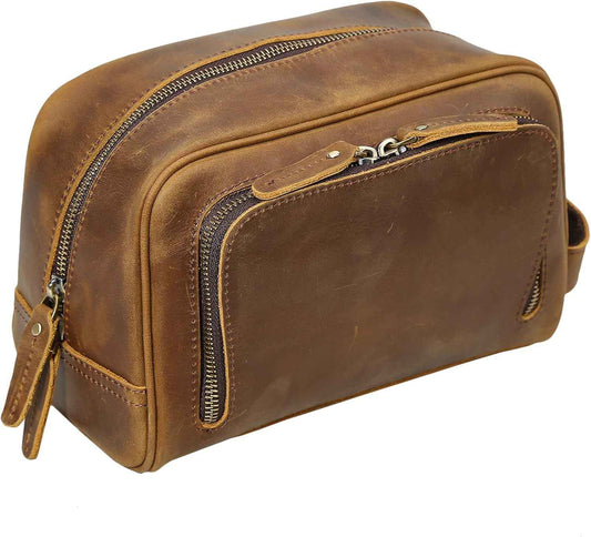 Polare Vintage Full Grain Leather Handmade Travel Toiletry Bag for Men - Dopp Kit - Shaving Kit with YKK Metal Zippers A-Brown