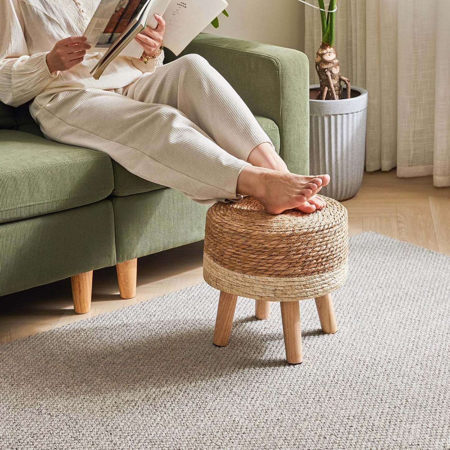 YMYNY Foot Stool,12.6" Round Small Ottoman, Natural+White, HBD027W | Natural Seagrass Hand Weave, Footrest, Non-Skid Wood Legs, Boho, For Living Room, Bedroom, Entryway,outdoor