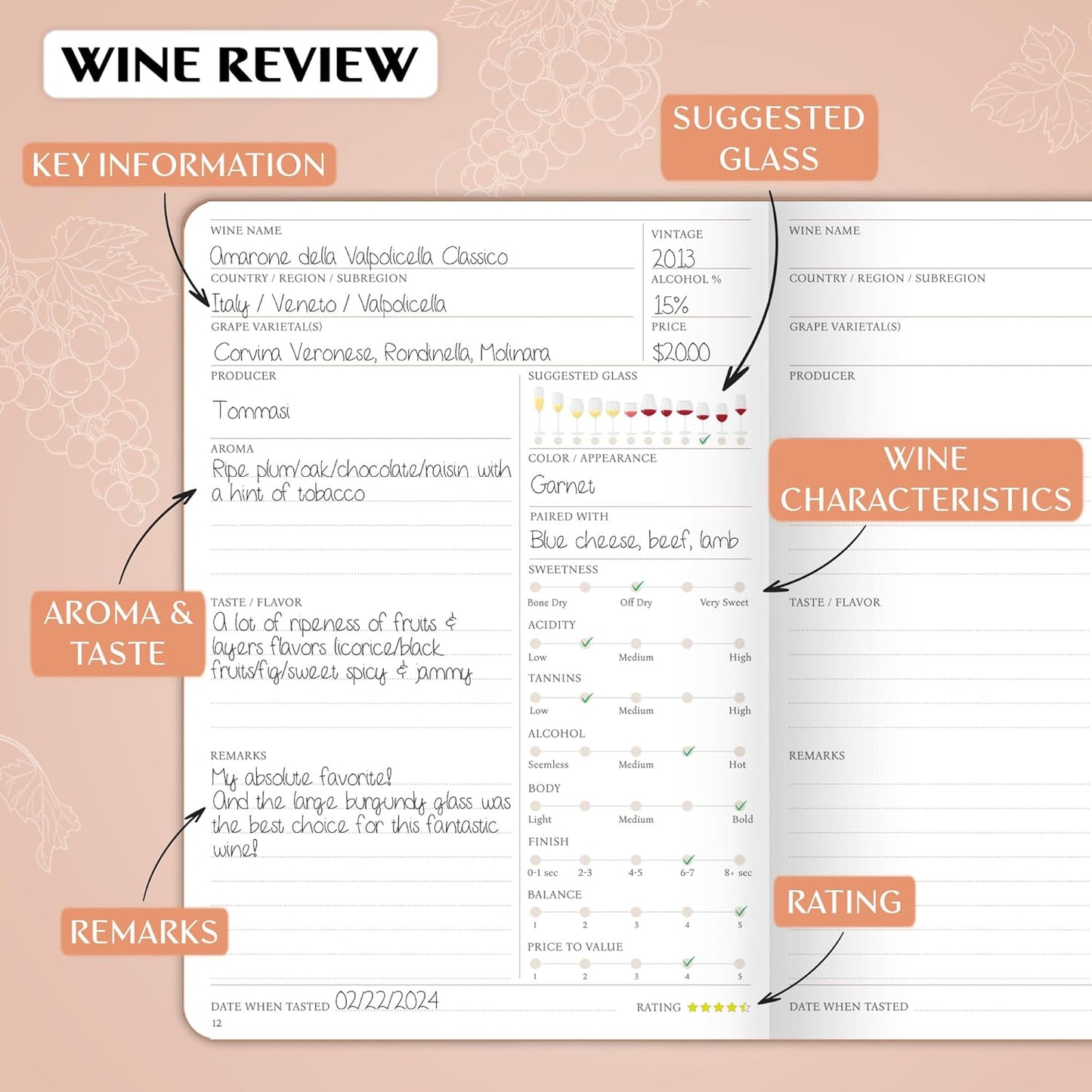 Legend Wine Tasting Journal – Wine Guide & Diary – Unique Accessories & Gifts for Wine Lovers, Women & Men, Eco Leather Notebook (Dark Terraсotta)