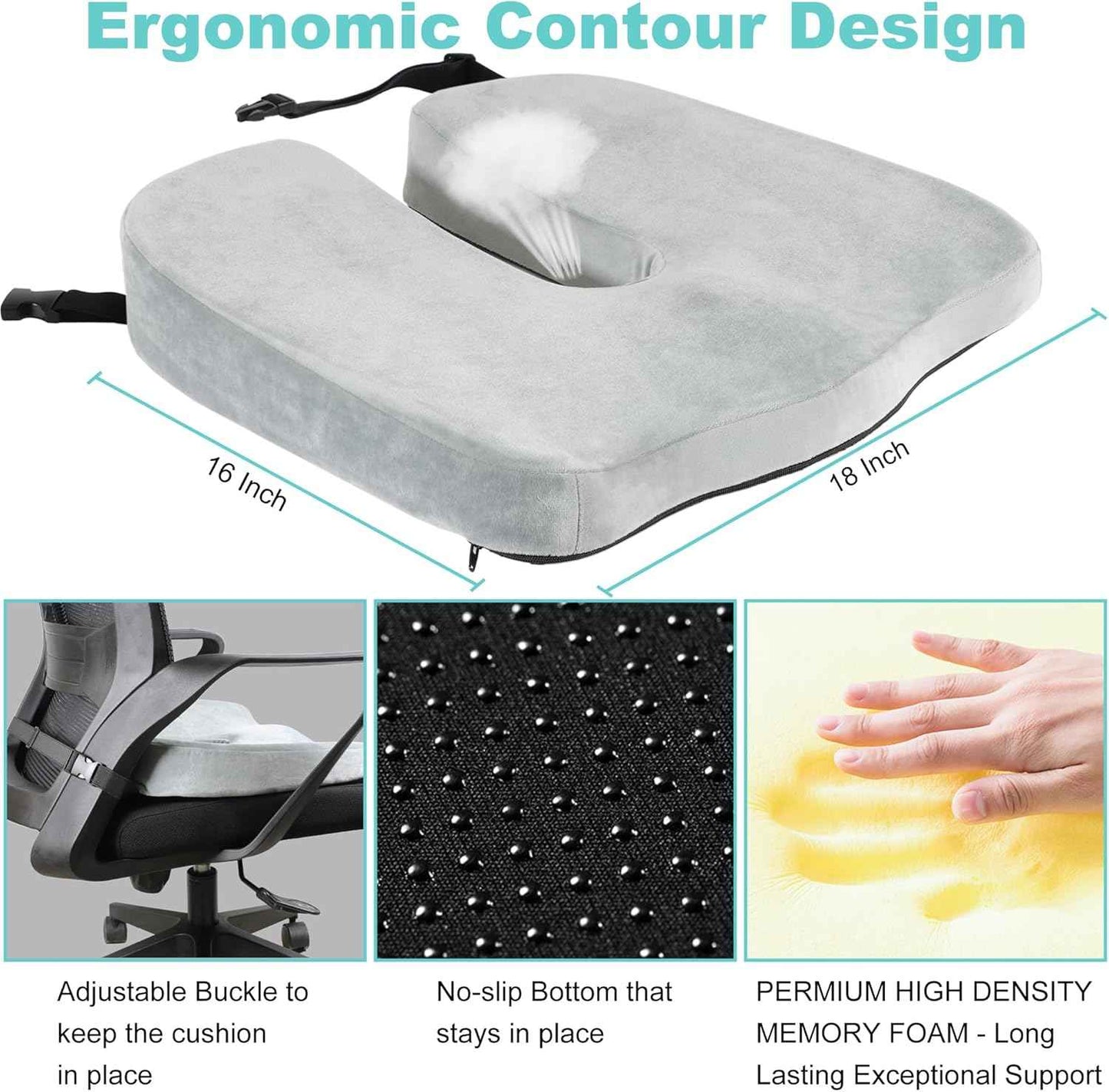 Sciatica Pain Relief Pillow Cushion for Office Chairs,10-Inch Extended U-Cutout,Tailbone,Coccyx Memory Foam Cushion for Wheelchair Car Seat,Tailbone But Pillow for Pressure Relief,Grey