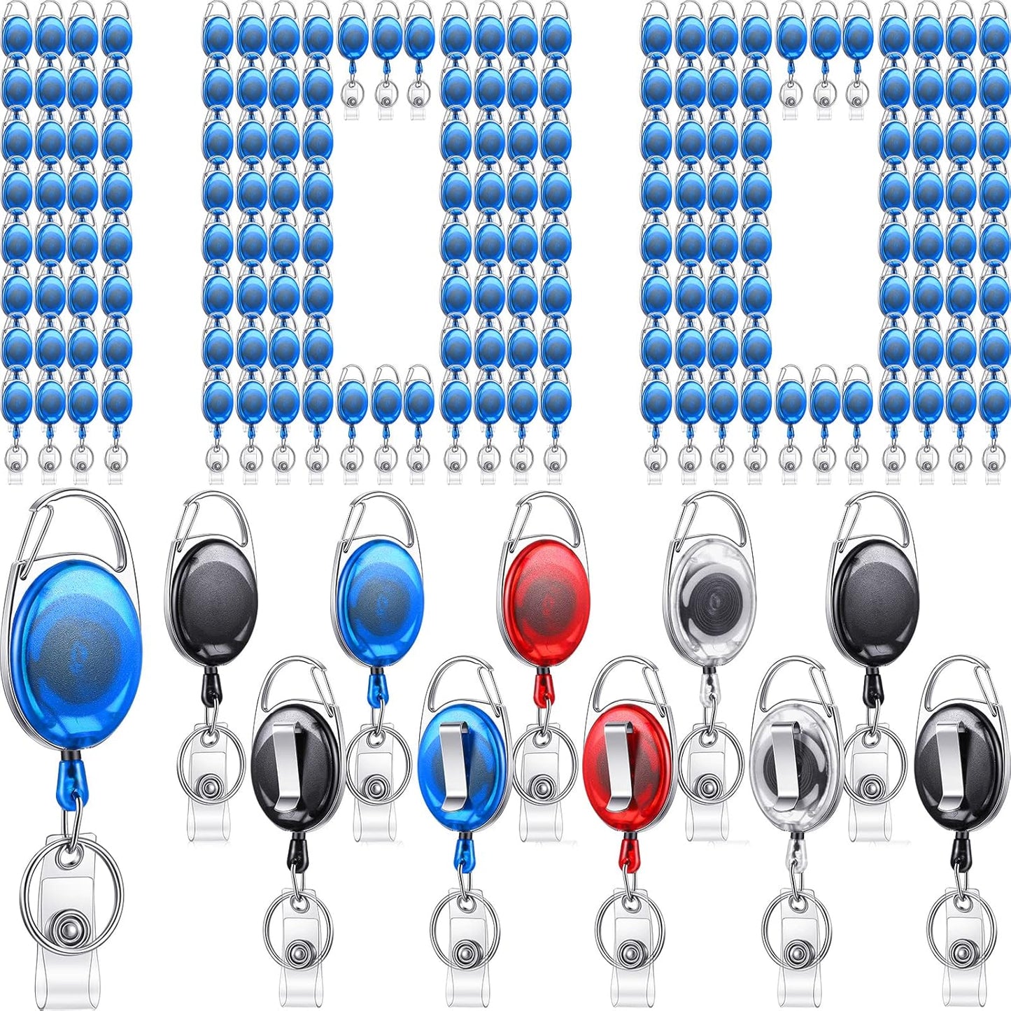 100 Pack Retractable Badge Reels Bulk Heavy Duty Badge Reel Holders with Carabiner Belt Clip and Keychain for Lanyard Card Nurse School Office Employee (Multi Color)