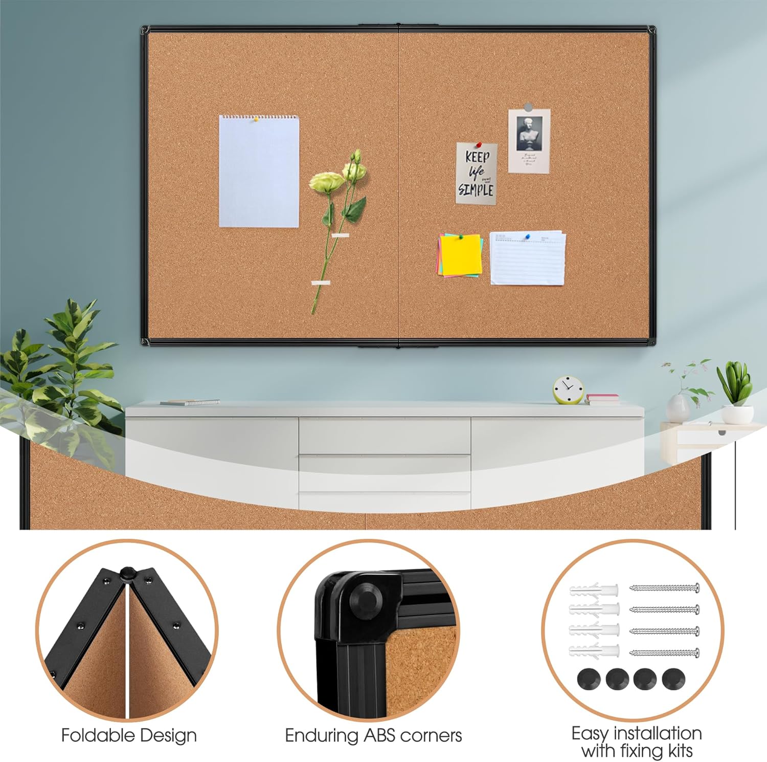 Board2by Extra Large Cork Bulletin Board 72" X 48", Foldable Notice Pin Board for Wall, Black Aluminium Framed 6'x4' Corkboard, Wall Mounted Noticeboard with 32 Push Pins for School, Home & Office - Lumora Desk