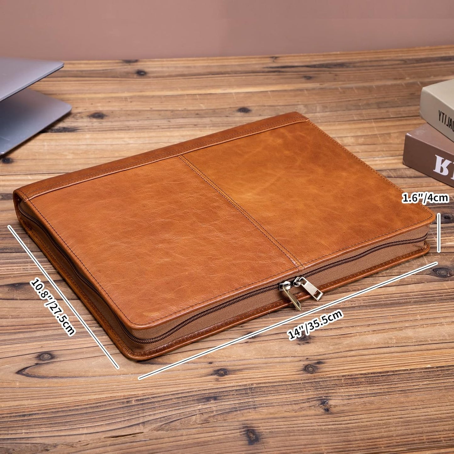 Genuine Leather Portfolio with 3 Ring Binder, Full Grain Leather Padfolio Zippered, A4 Notebook Holder Laptop Sleeve Professional Folder Organizer Gift for Men and Women, Brown, Oil Tanned